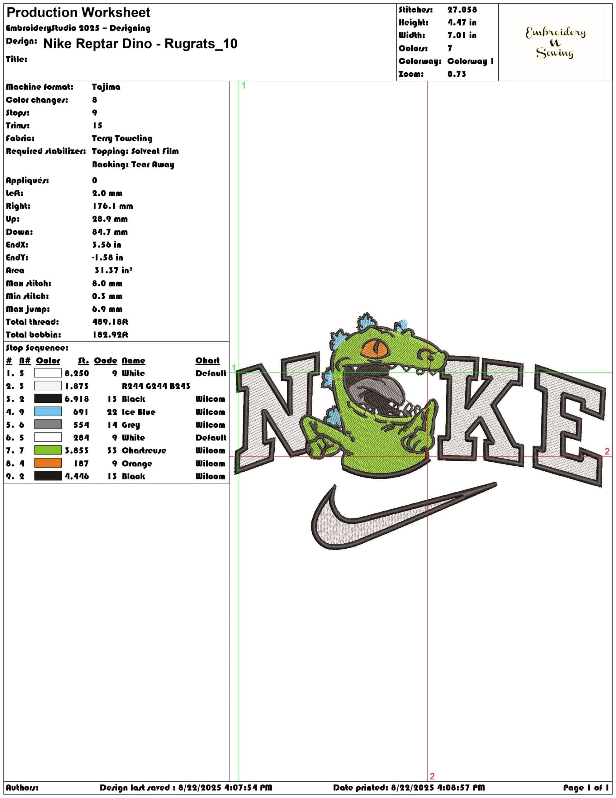 Nike Reptar Dino - Rugrats-Elegant embroidery design file - instant download — view 3
