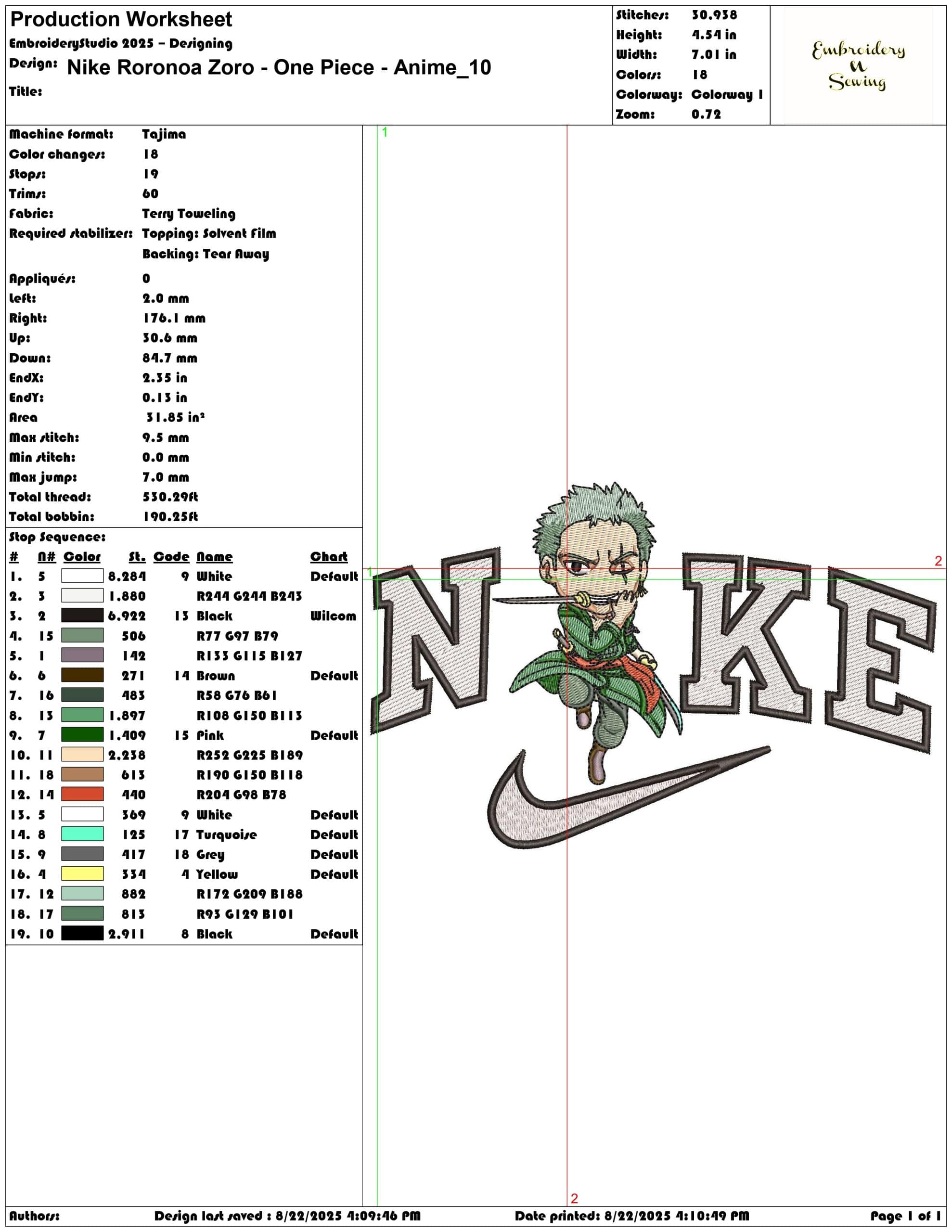 Nike Roronoa Zoro - One Piece - Anime-Elegant embroidery design file - instant download — view 3