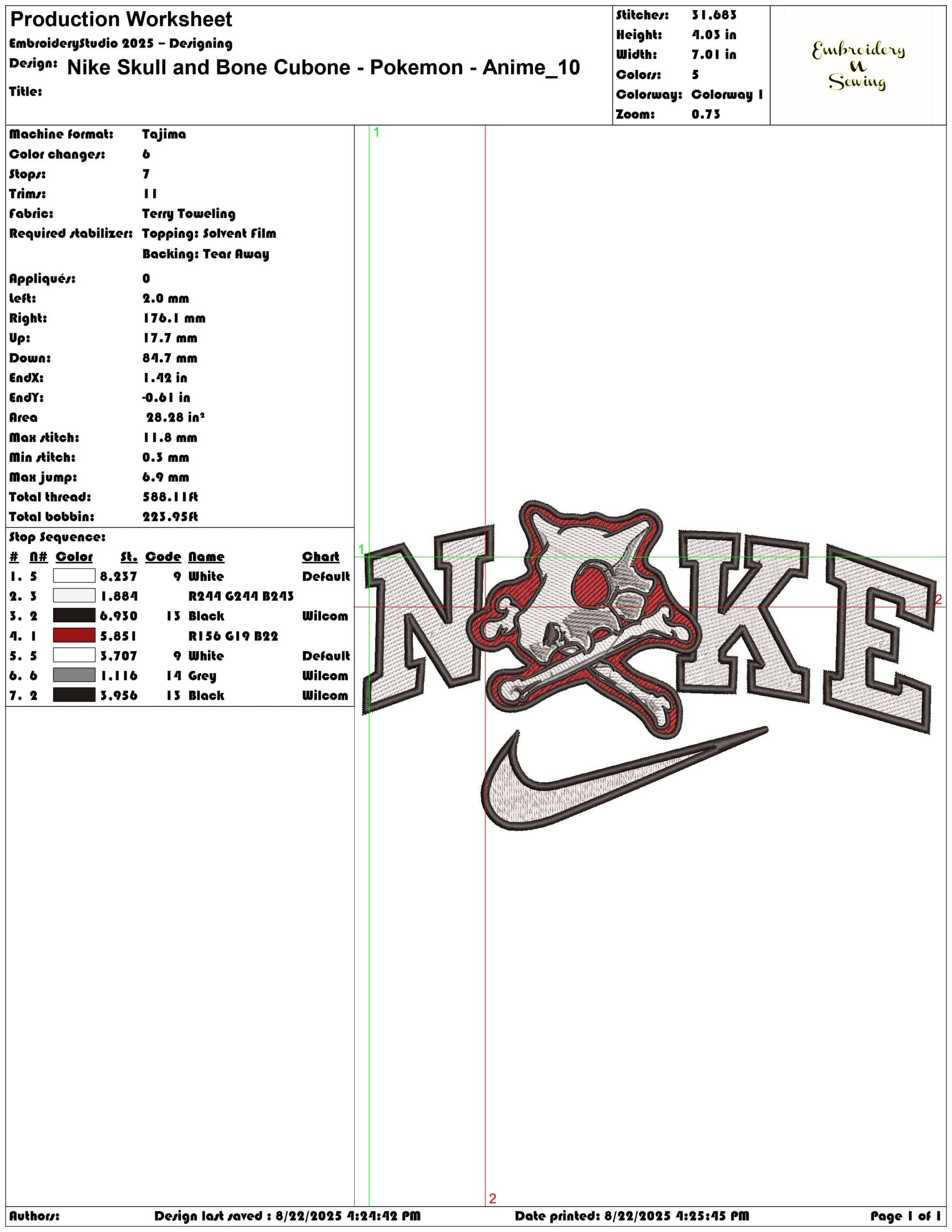 Nike Skull and Bone Cubone - Pokemon - Anime-Elegant embroidery design file - instant download — view 3