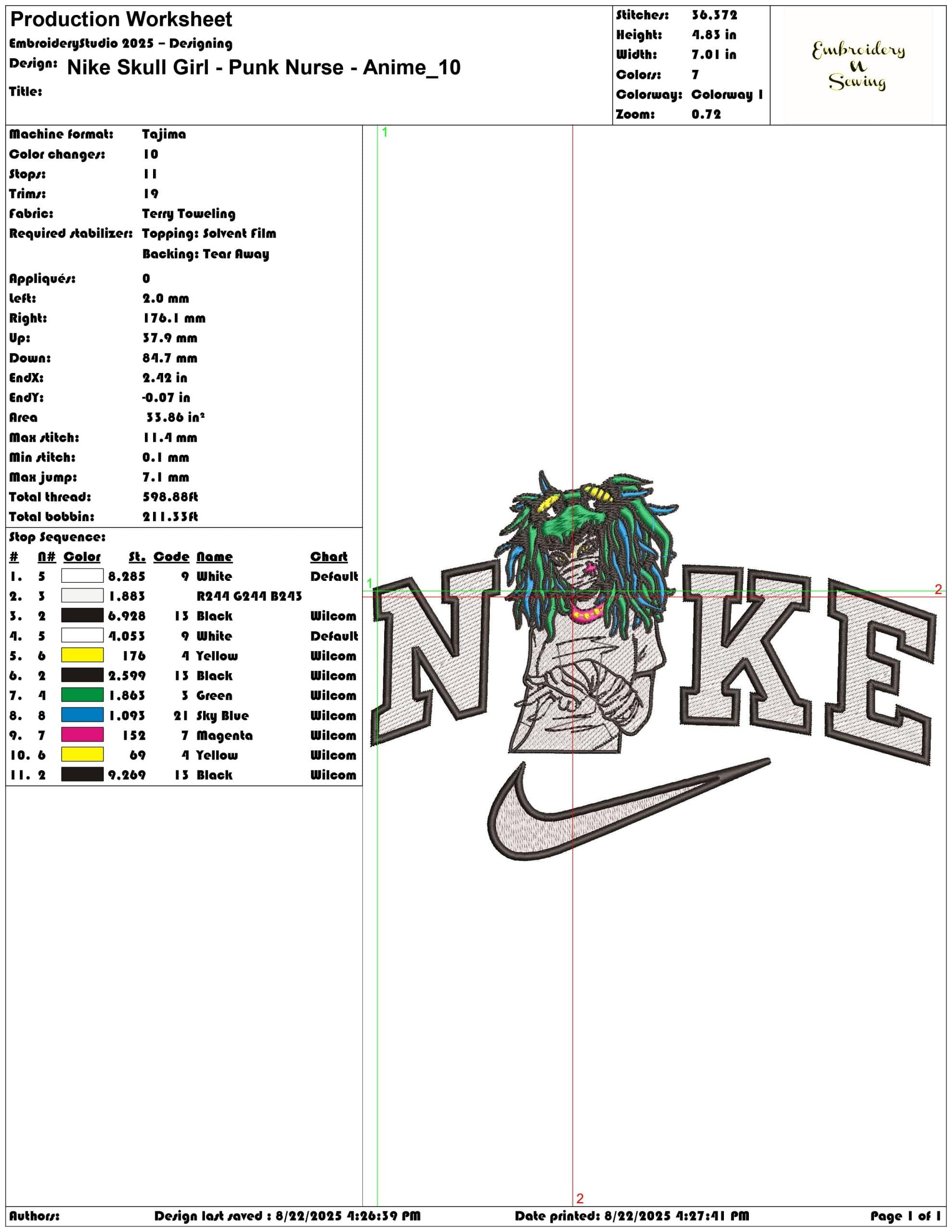 Nike Skull Girl - Punk Nurse - Anime-Elegant embroidery design file - instant download — view 3