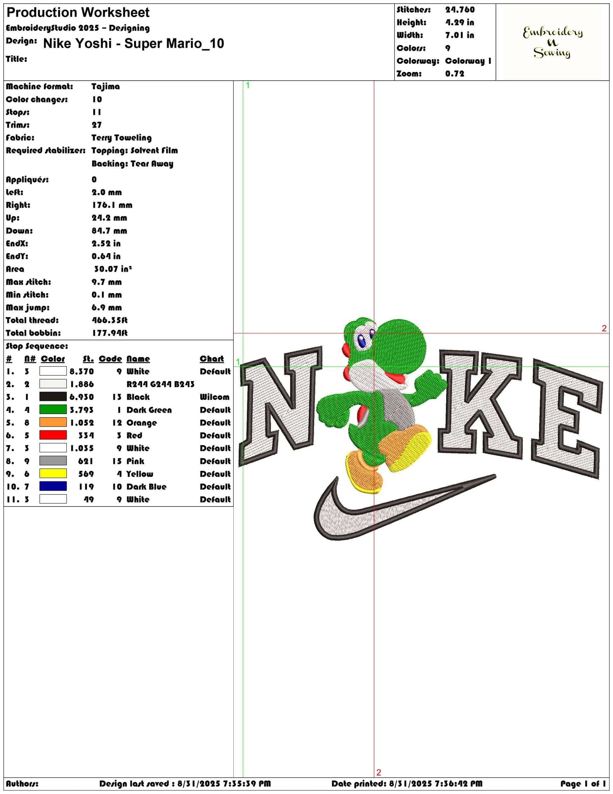 Nike Yoshi - Super Mario-Elegant embroidery design file - instant download — view 3