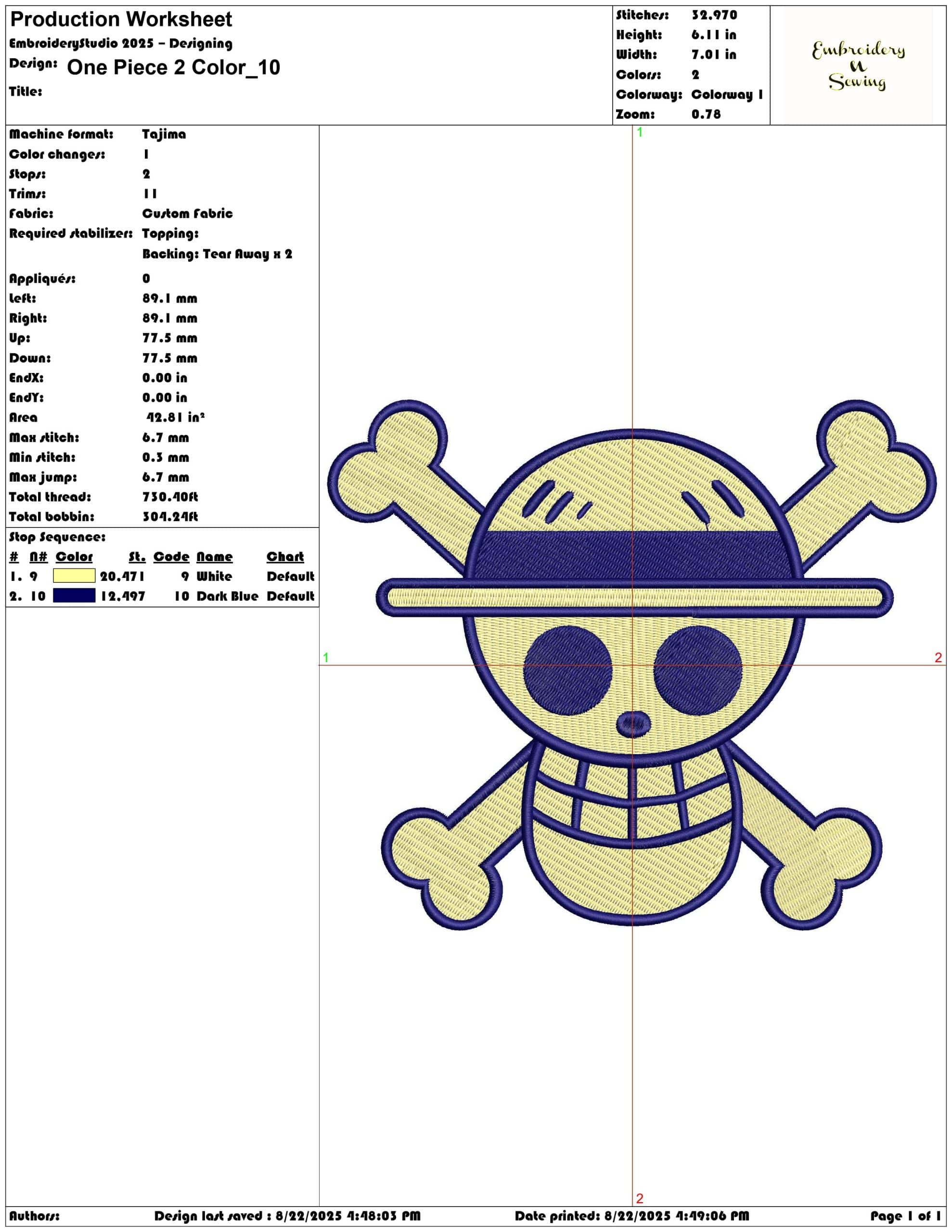 One Piece 2 Color-Elegant embroidery design file - instant download — view 3