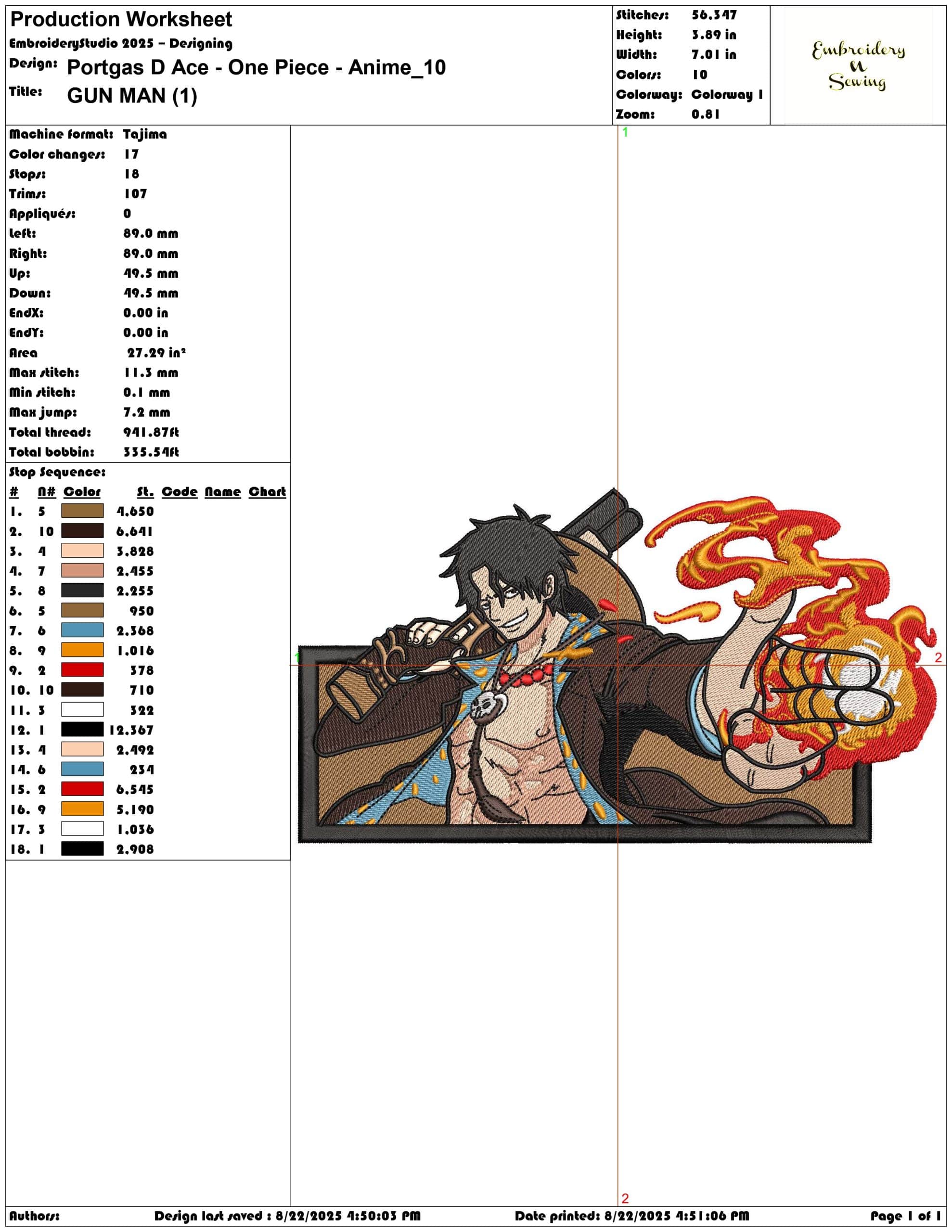 Portgas D Ace - One Piece - Anime-Elegant embroidery design file - instant download — view 3