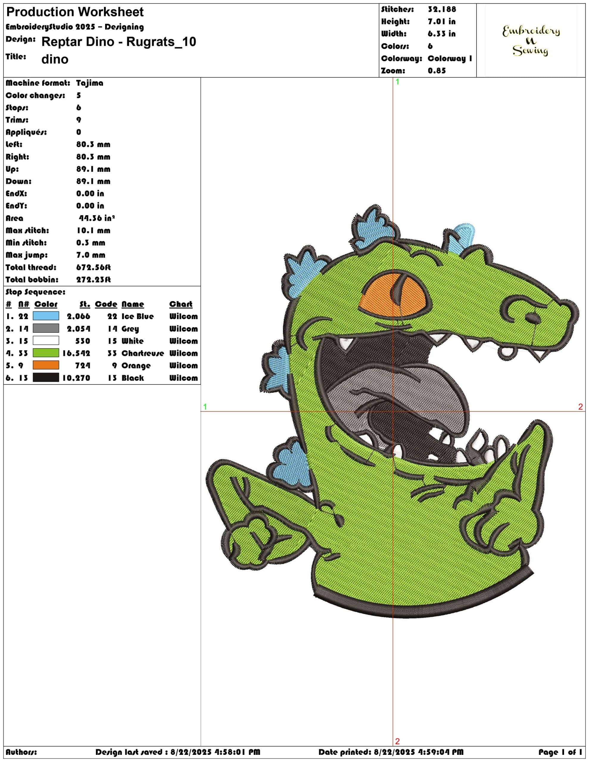 Reptar Dino - Rugrats-Elegant embroidery design file - instant download — view 3