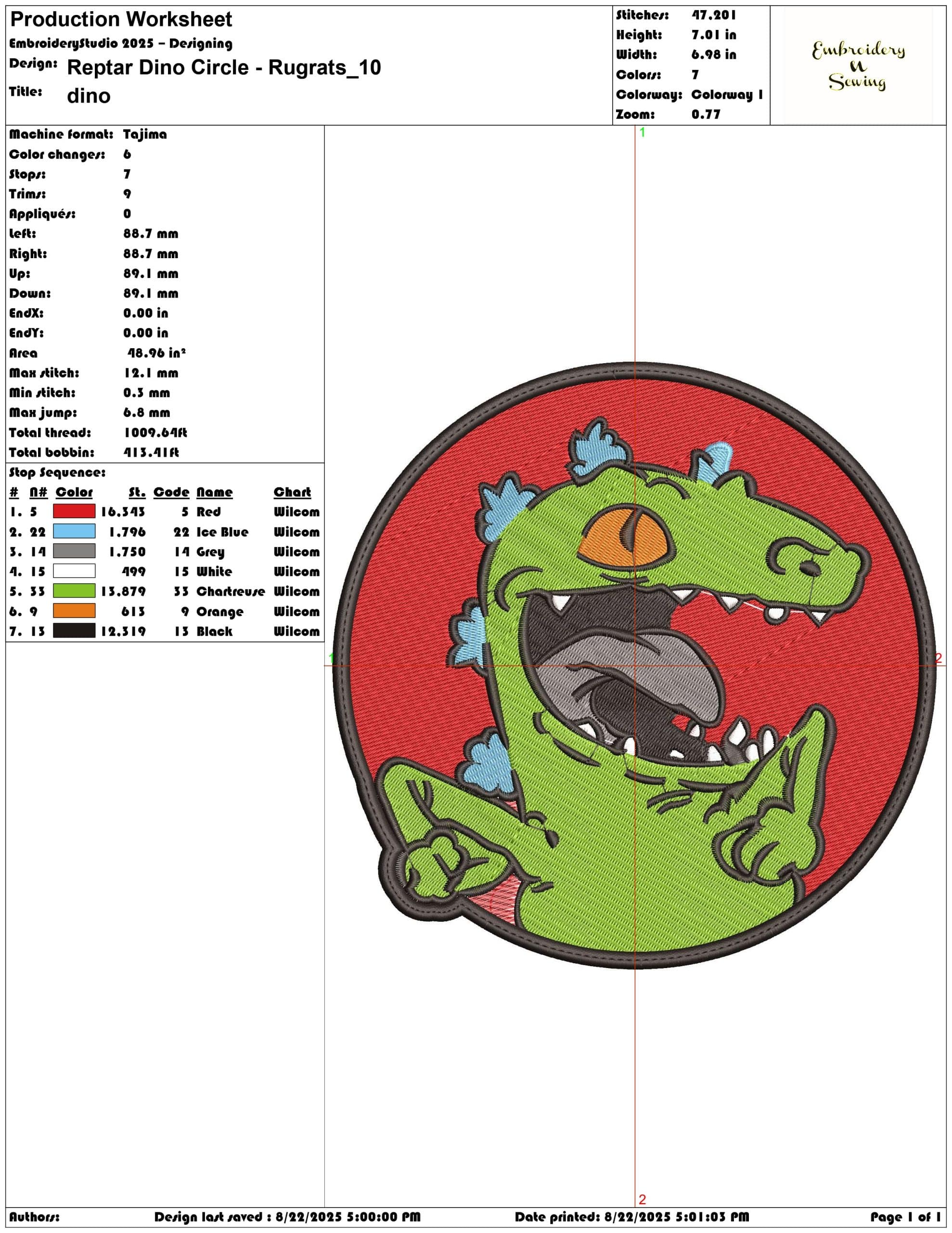 Reptar Dino Circle - Rugrats-Elegant embroidery design file - instant download — view 3