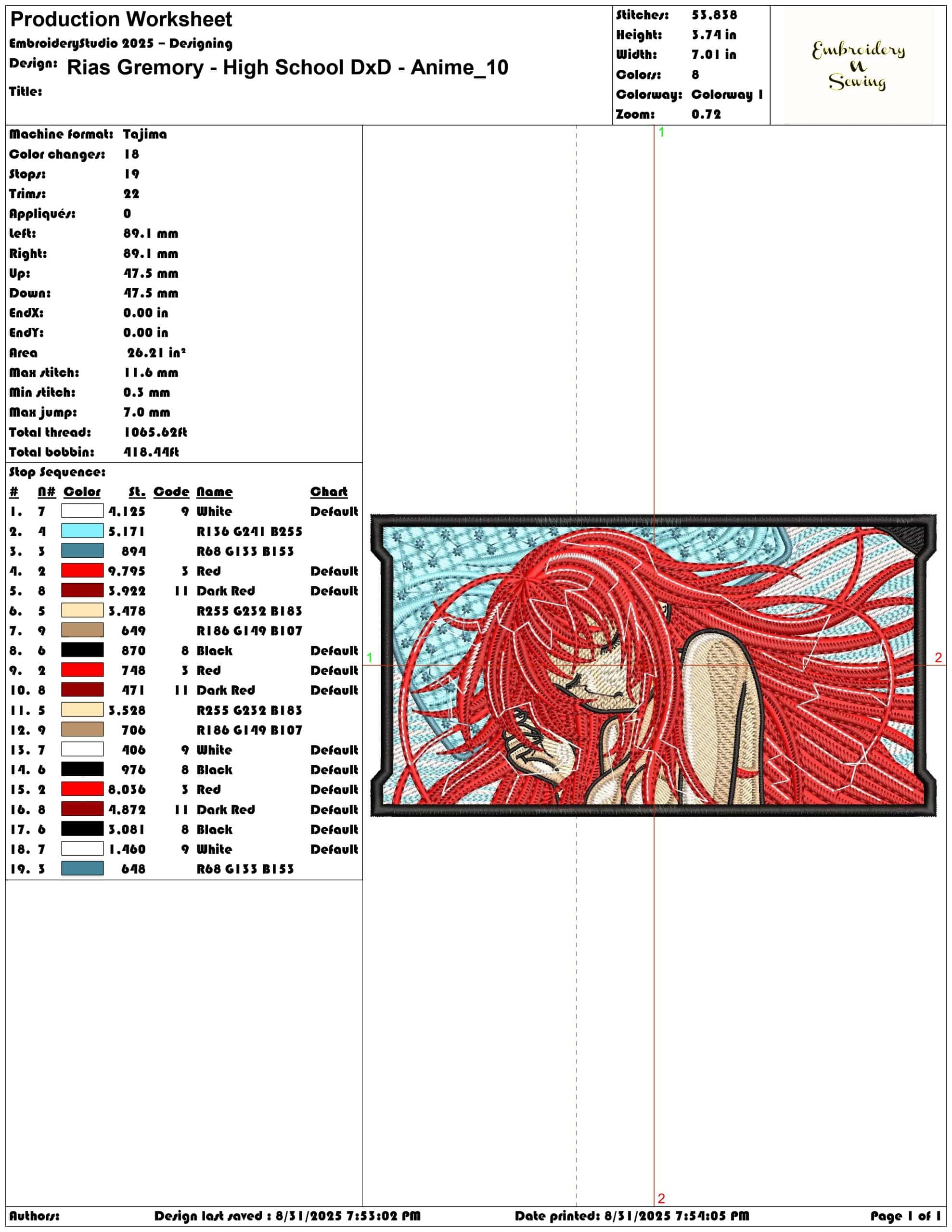 Rias Gremory - High School DxD - Anime-Elegant embroidery design file - instant download — view 3
