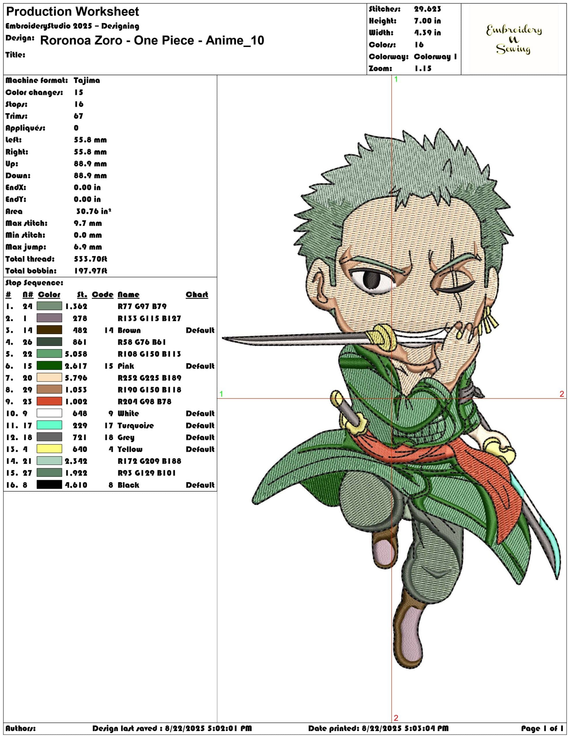 Roronoa Zoro - One Piece - Anime-Elegant embroidery design file - instant download — view 3