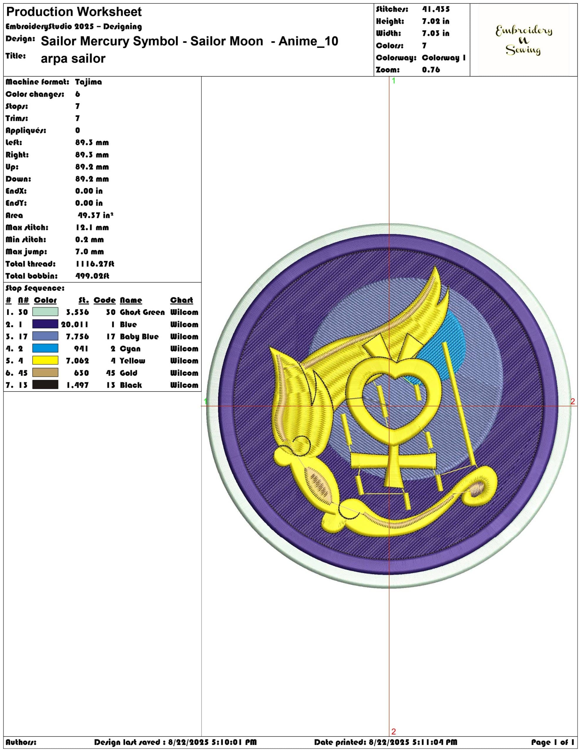 Sailor Mercury Symbol - Sailor Moon  - Anime-Elegant embroidery design file - instant download — view 3