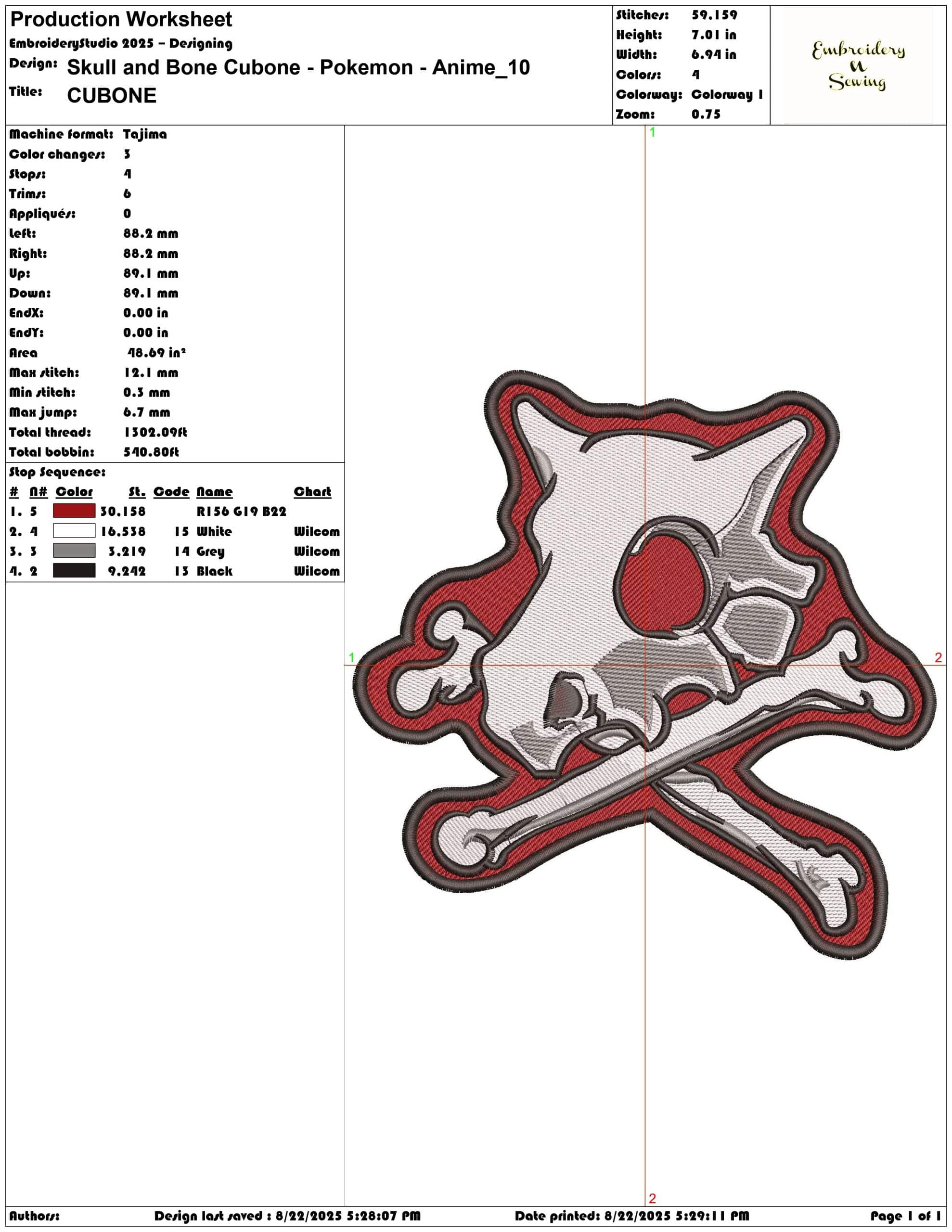 Skull and Bone Cubone - Pokemon - Anime-Elegant embroidery design file - instant download — view 3