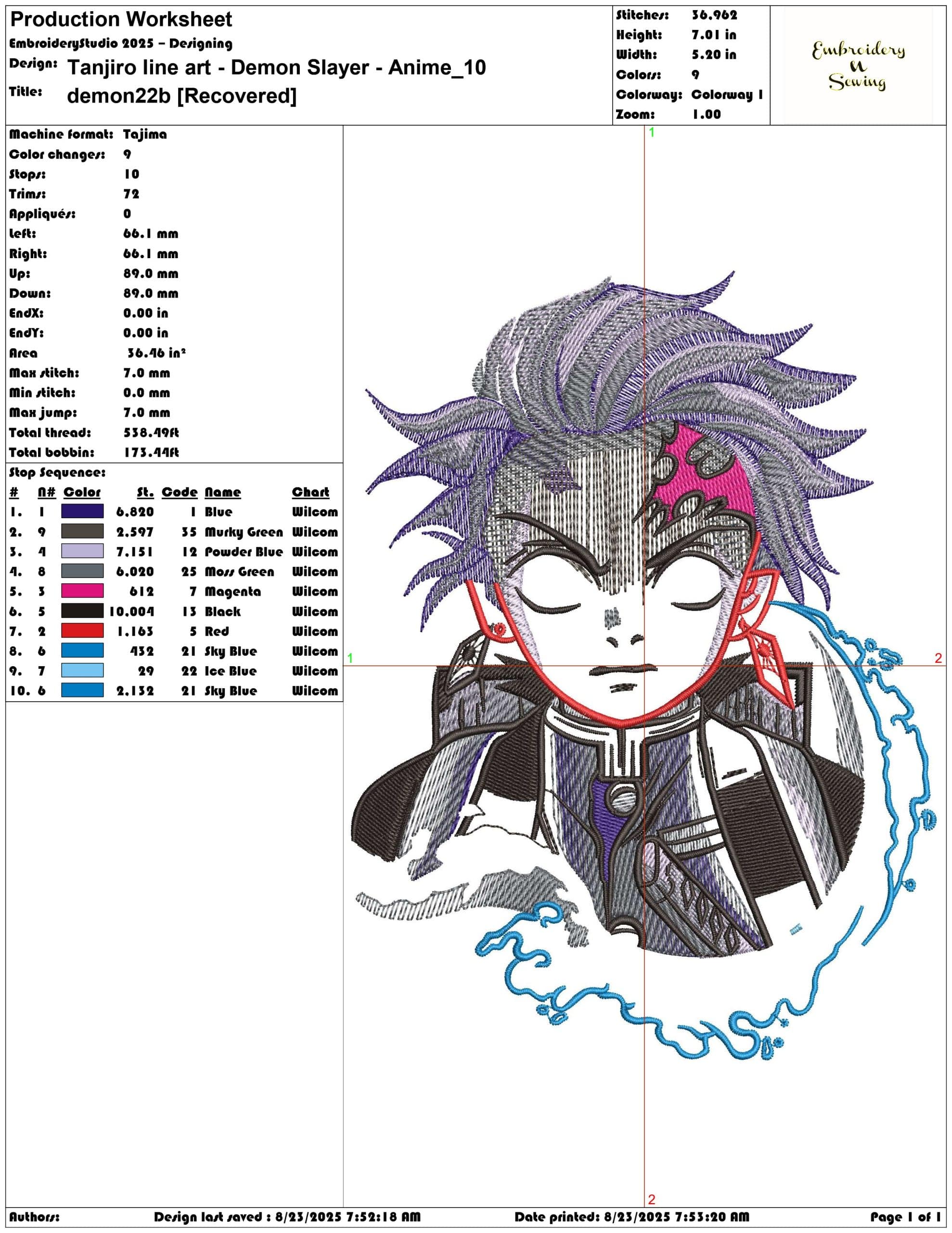Tanjiro line art - Demon Slayer - Anime-Elegant embroidery design file - instant download — view 3