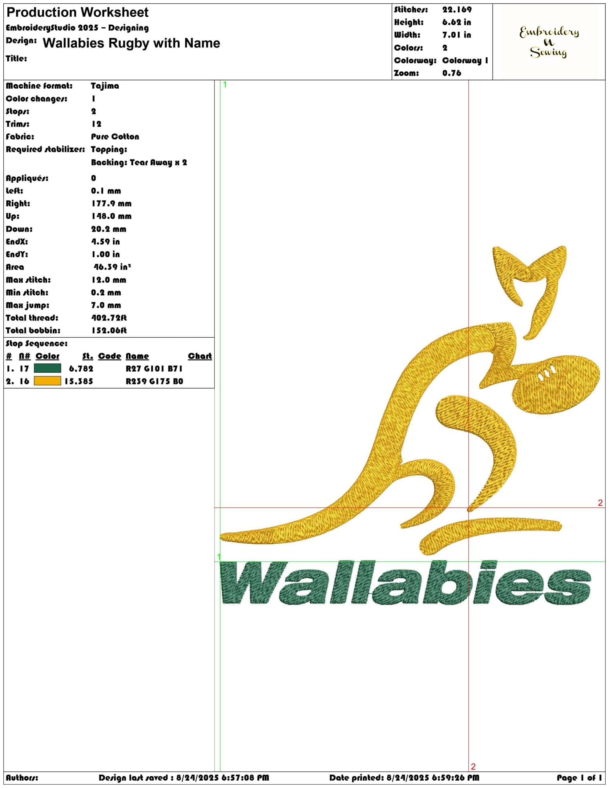Wallabies Rugby with Name-Elegant embroidery design file - instant download — view 3