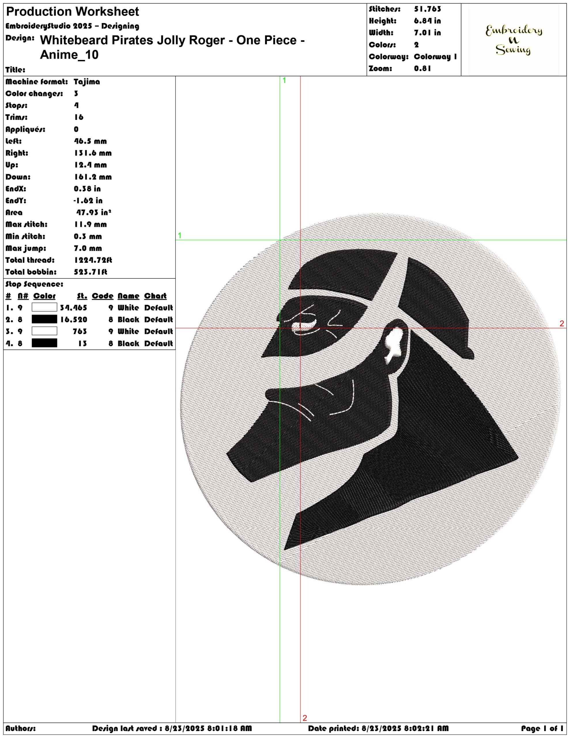 Whitebeard Pirates Jolly Roger - One Piece - Anime-Elegant embroidery design file - instant download — view 3