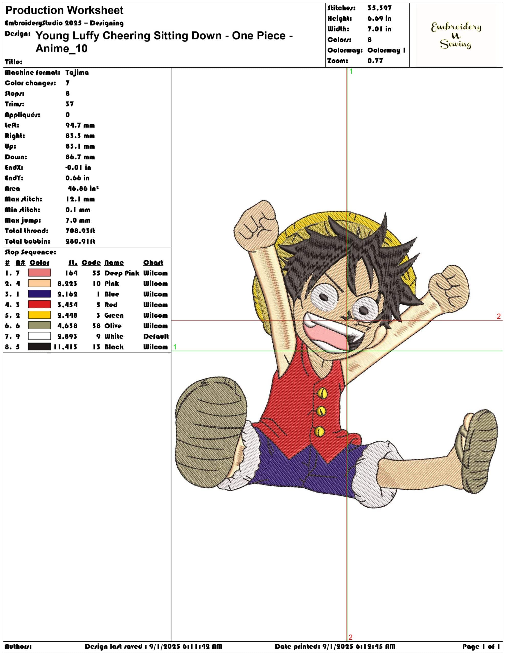 Young Luffy Cheering Sitting Down - One Piece - Anime-Elegant embroidery design file - instant download — view 3