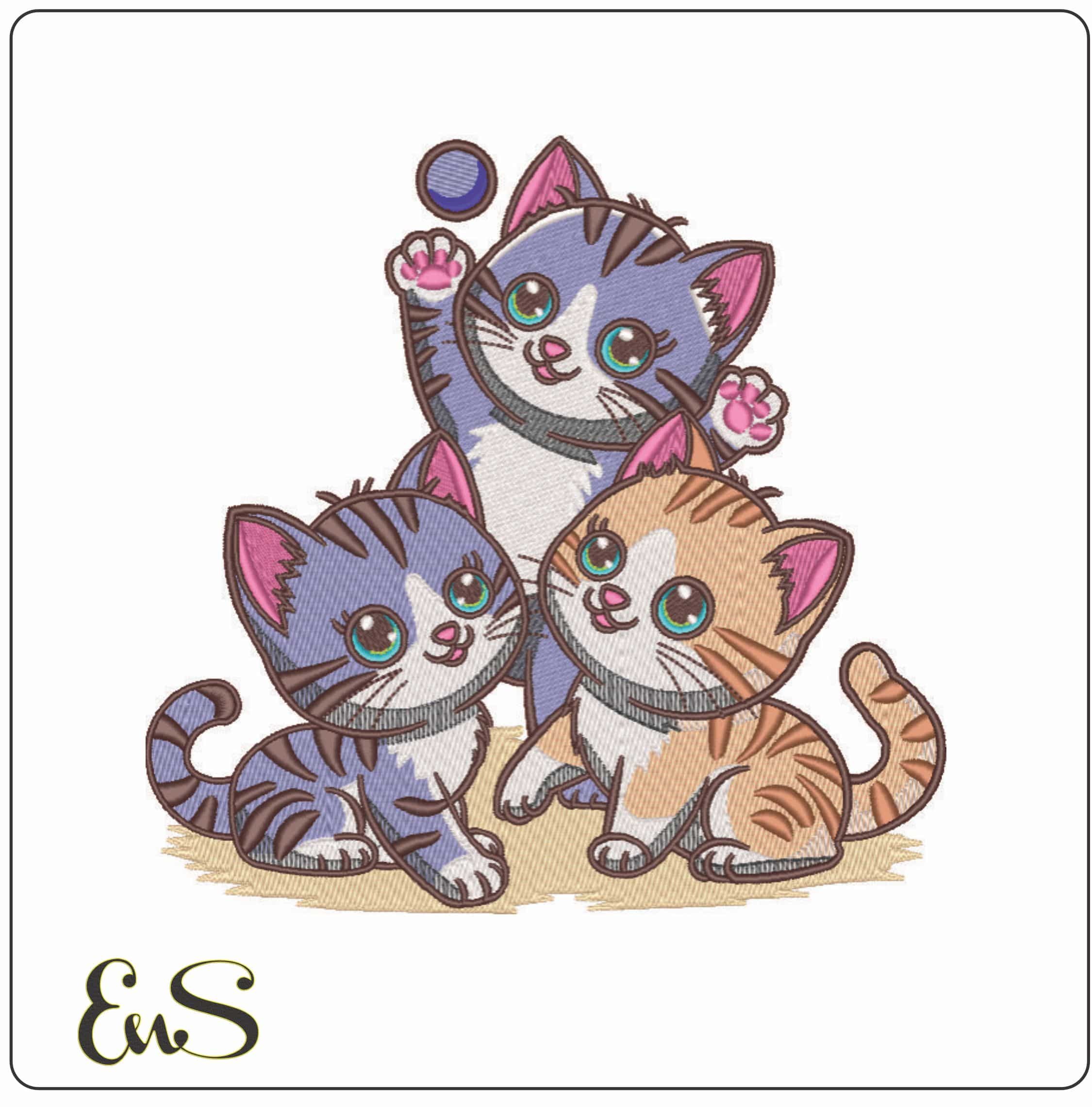 3 Kittens playing with Ball-Elegant embroidery design file - instant download