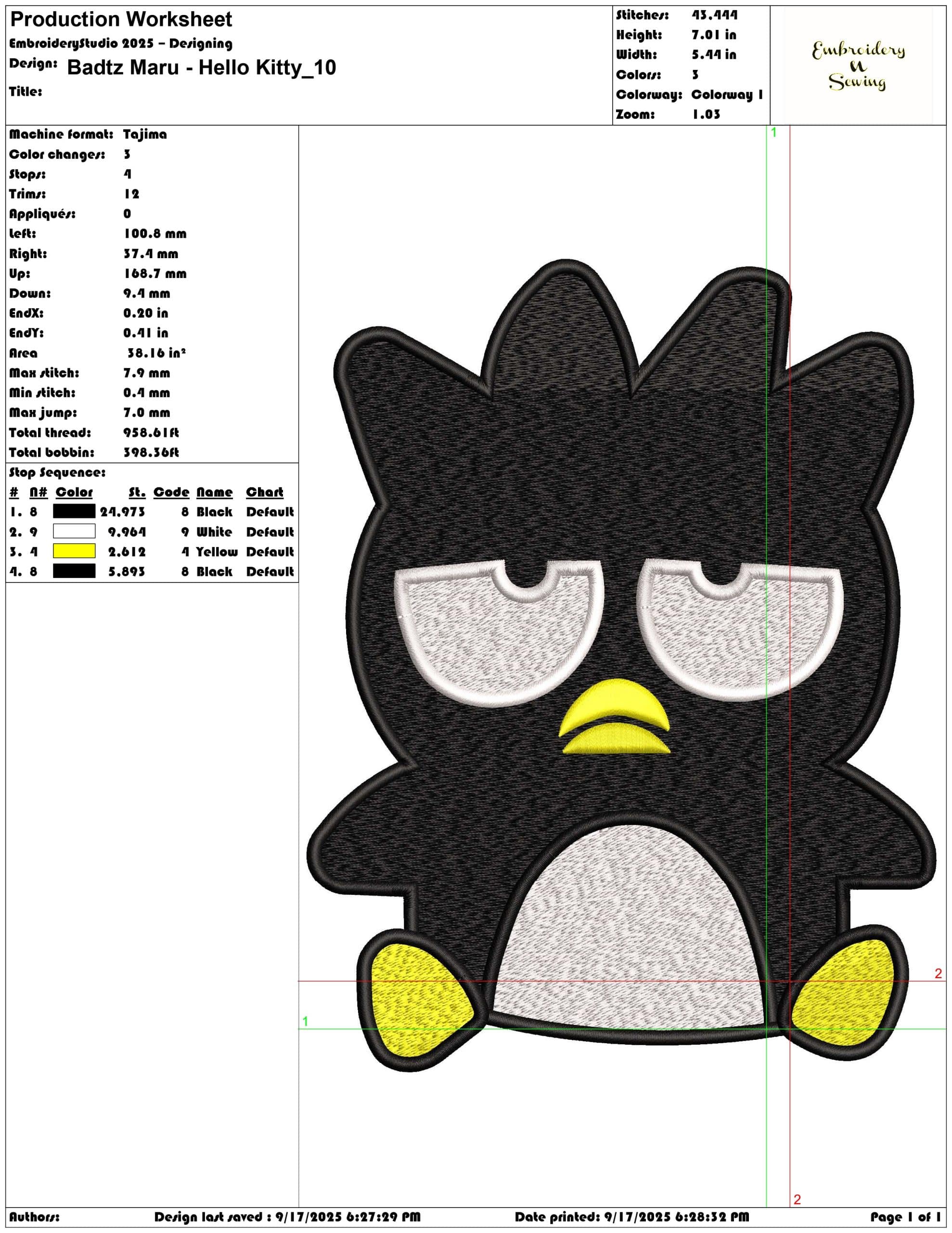 Badtz Maru - Hello Kitty-Elegant embroidery design file - instant download — view 3