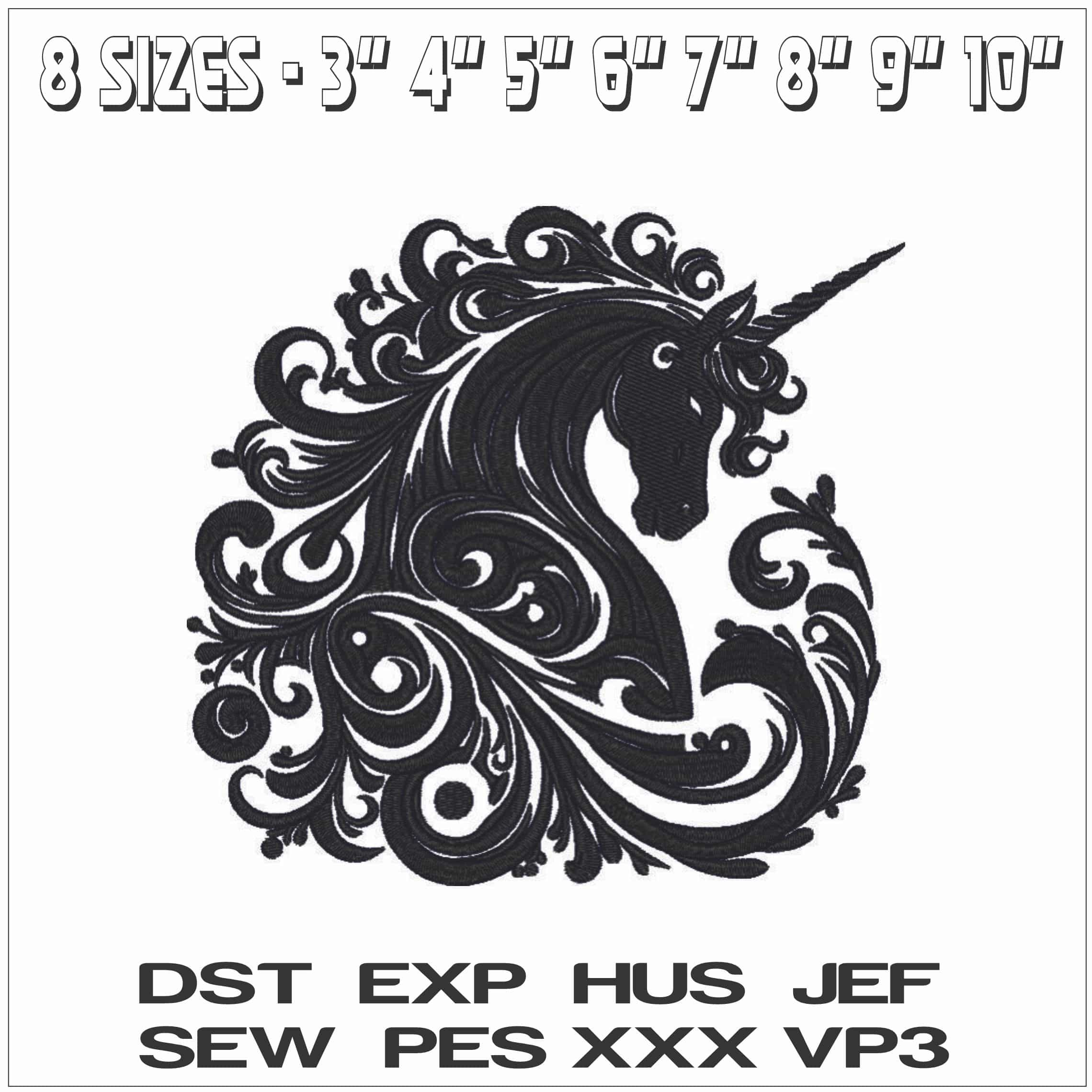 Black Flat Unicorn-Elegant embroidery design file - instant download — view 2