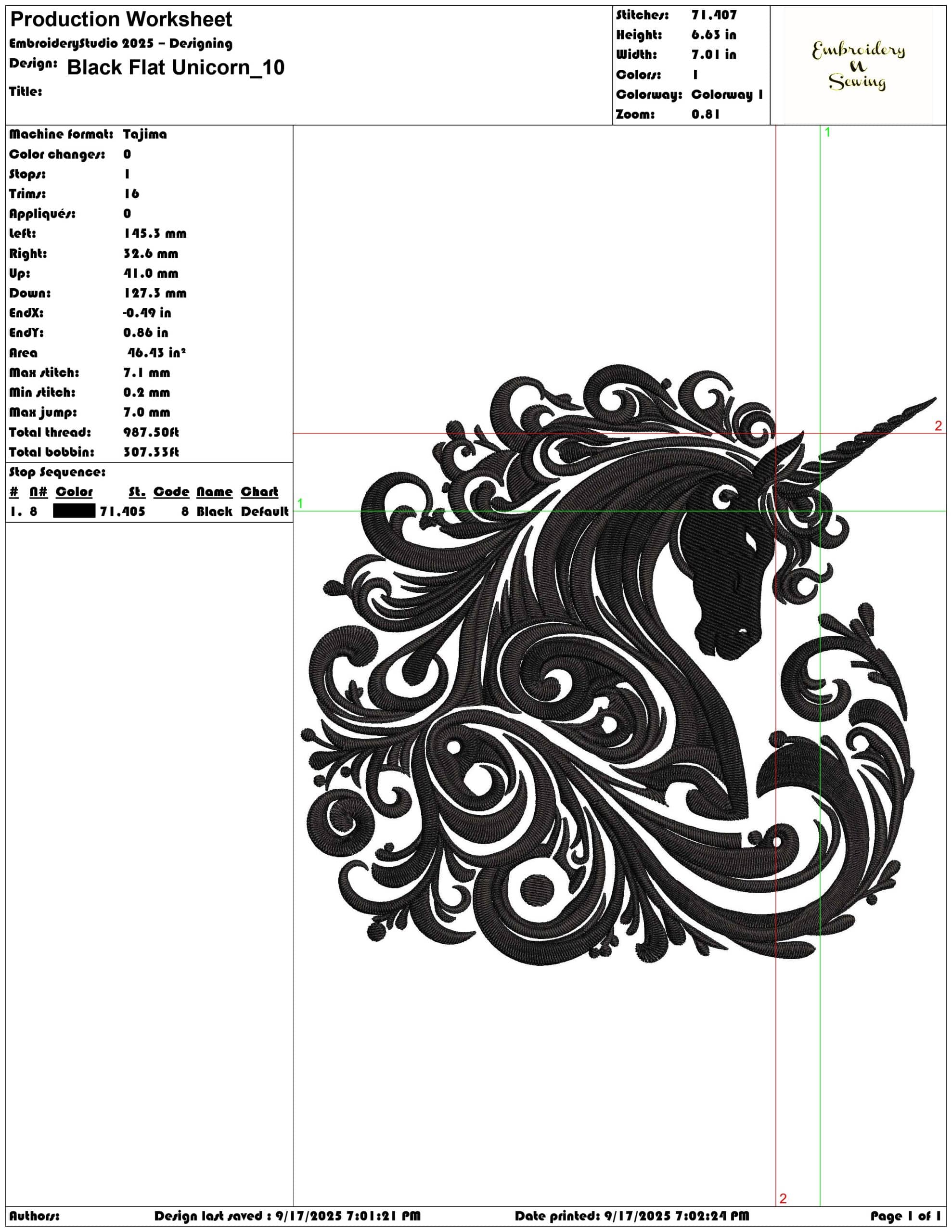 Black Flat Unicorn-Elegant embroidery design file - instant download — view 3