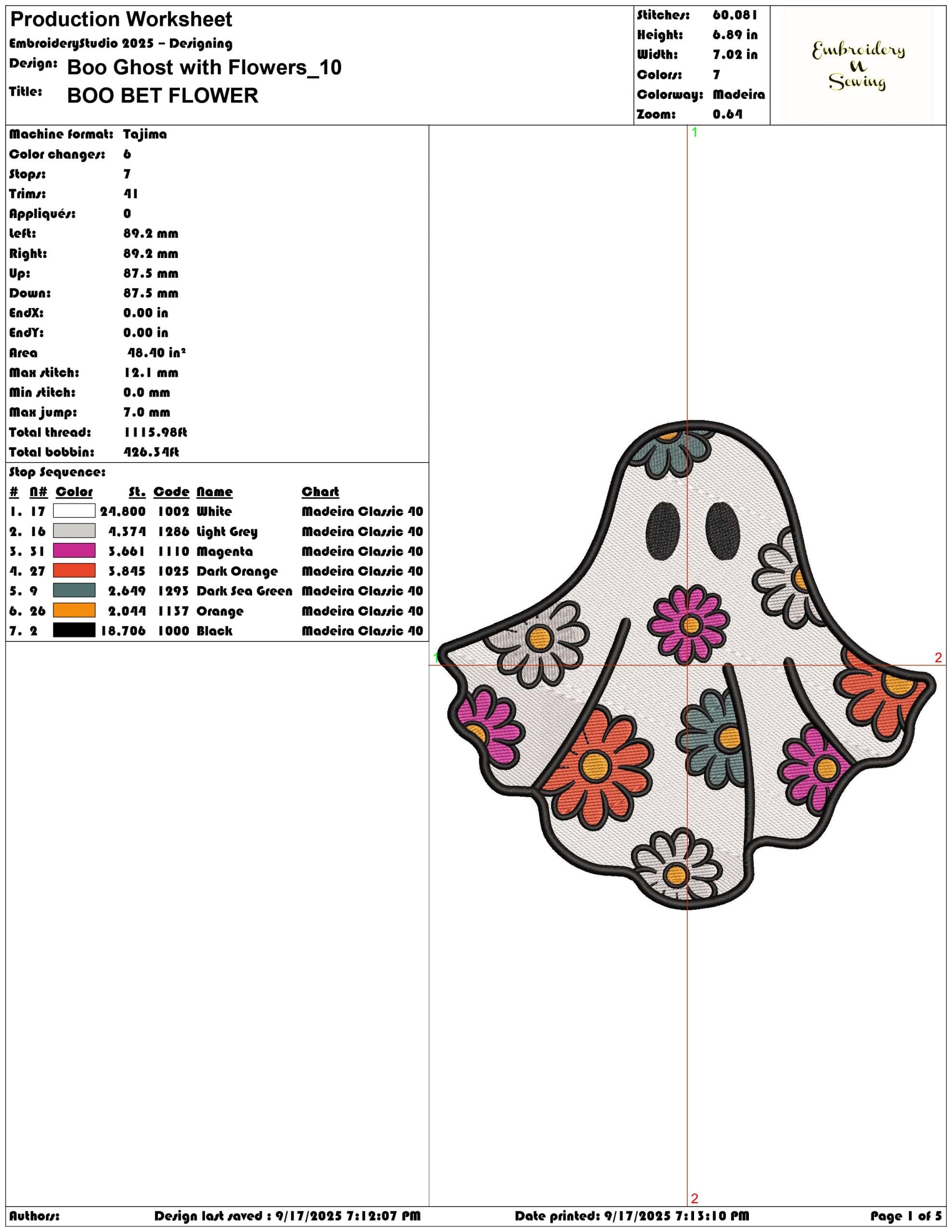 Boo Ghost with Flowers-Elegant embroidery design file - instant download — view 3