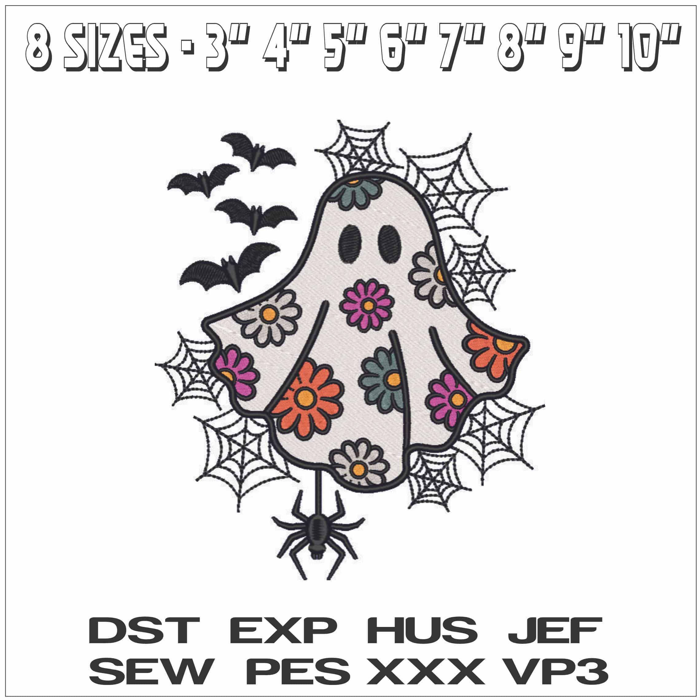 Boo Ghost with Flowers bats and Spider-Elegant embroidery design file - instant download — view 2