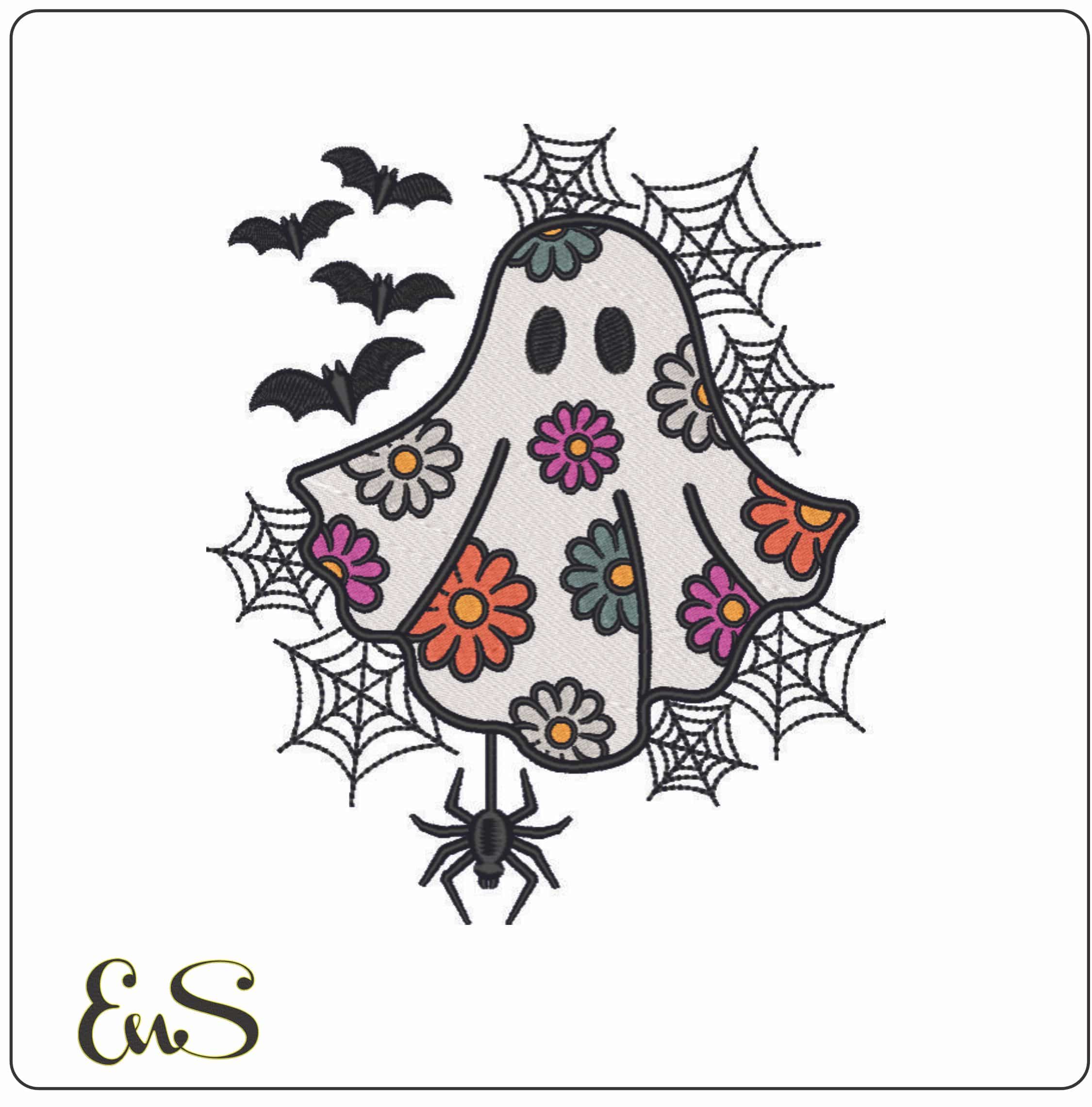 Boo Ghost with Flowers bats and Spider-Elegant embroidery design file - instant download