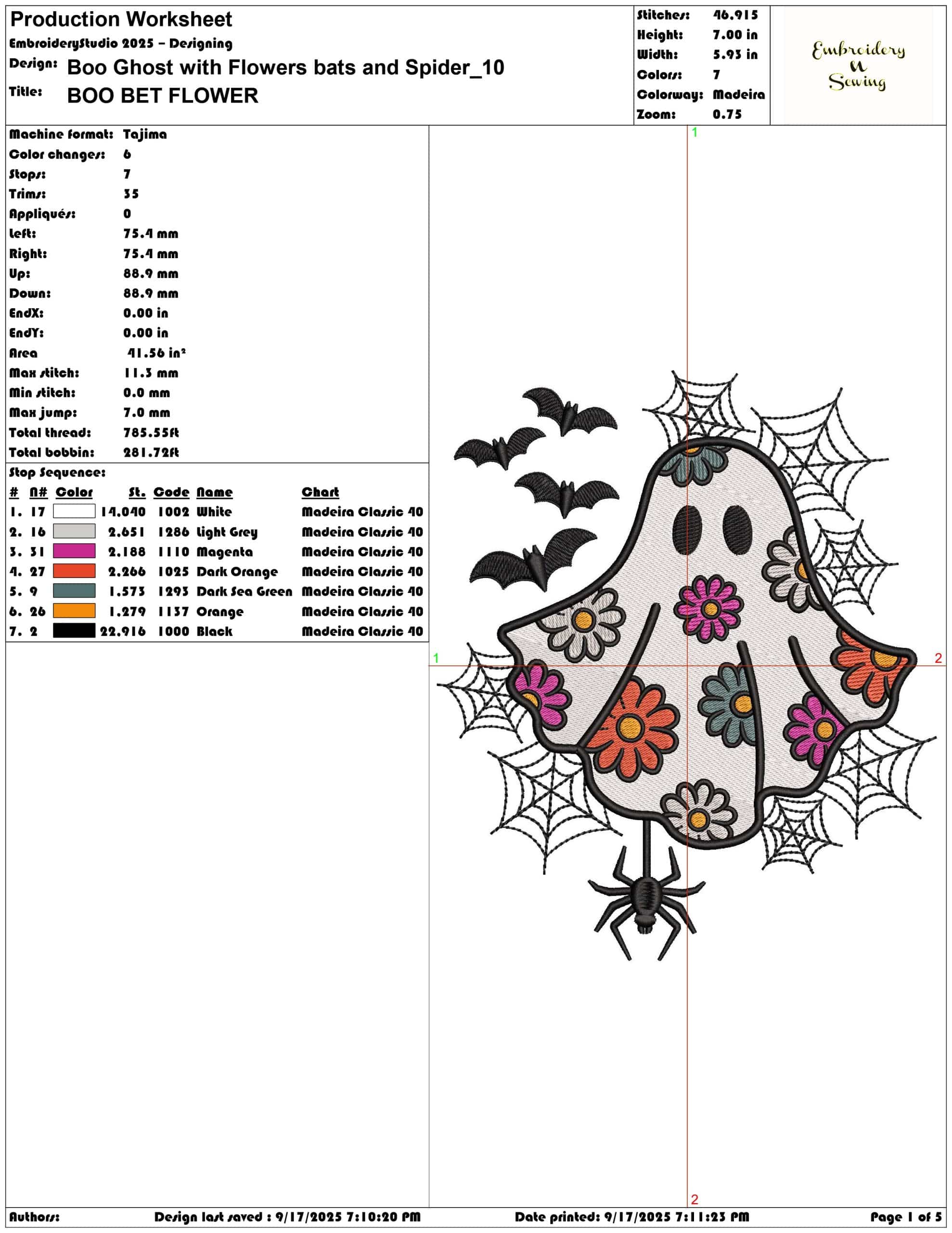 Boo Ghost with Flowers bats and Spider-Elegant embroidery design file - instant download — view 3