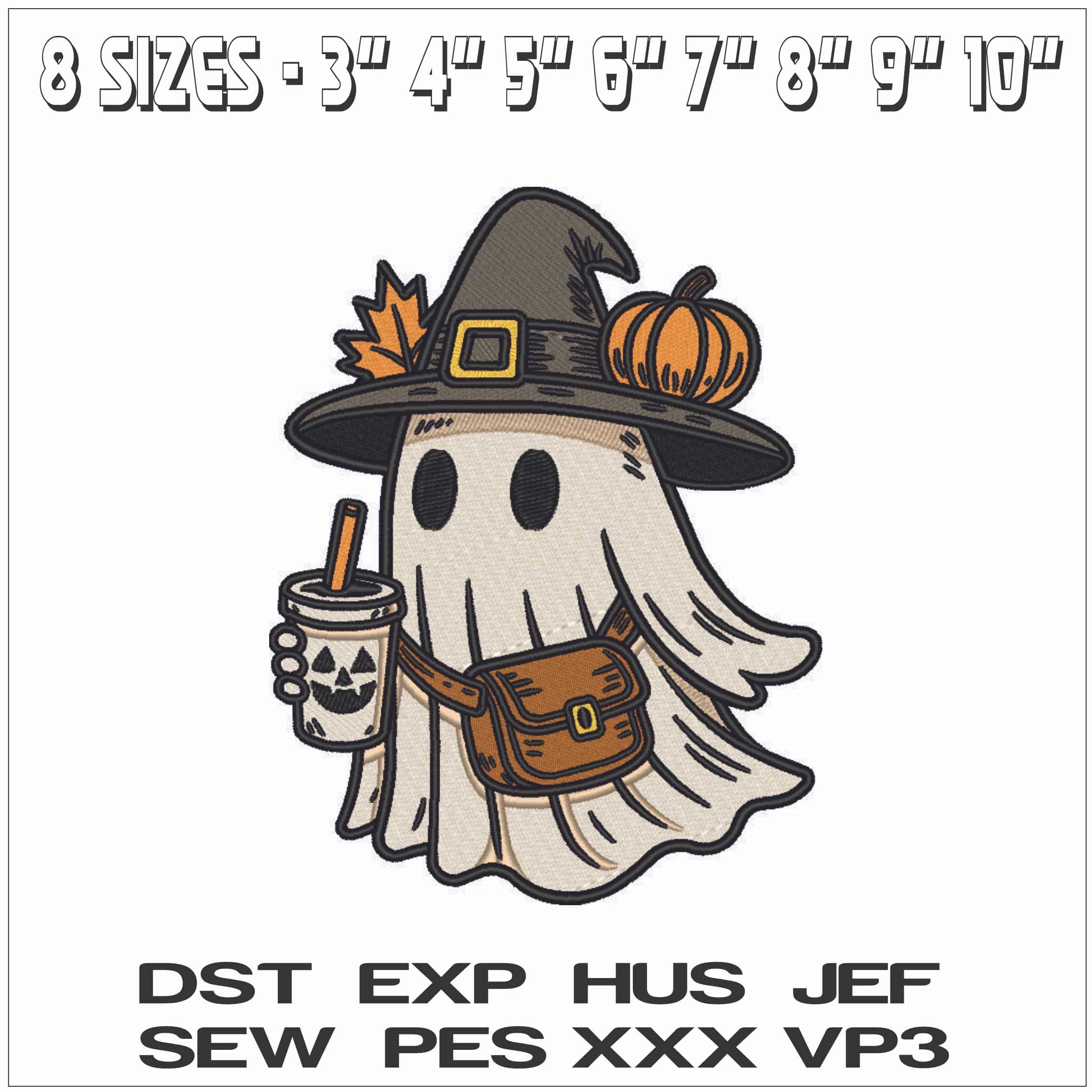 Boo Ghost with Halloween Coffee-Elegant embroidery design file - instant download — view 2