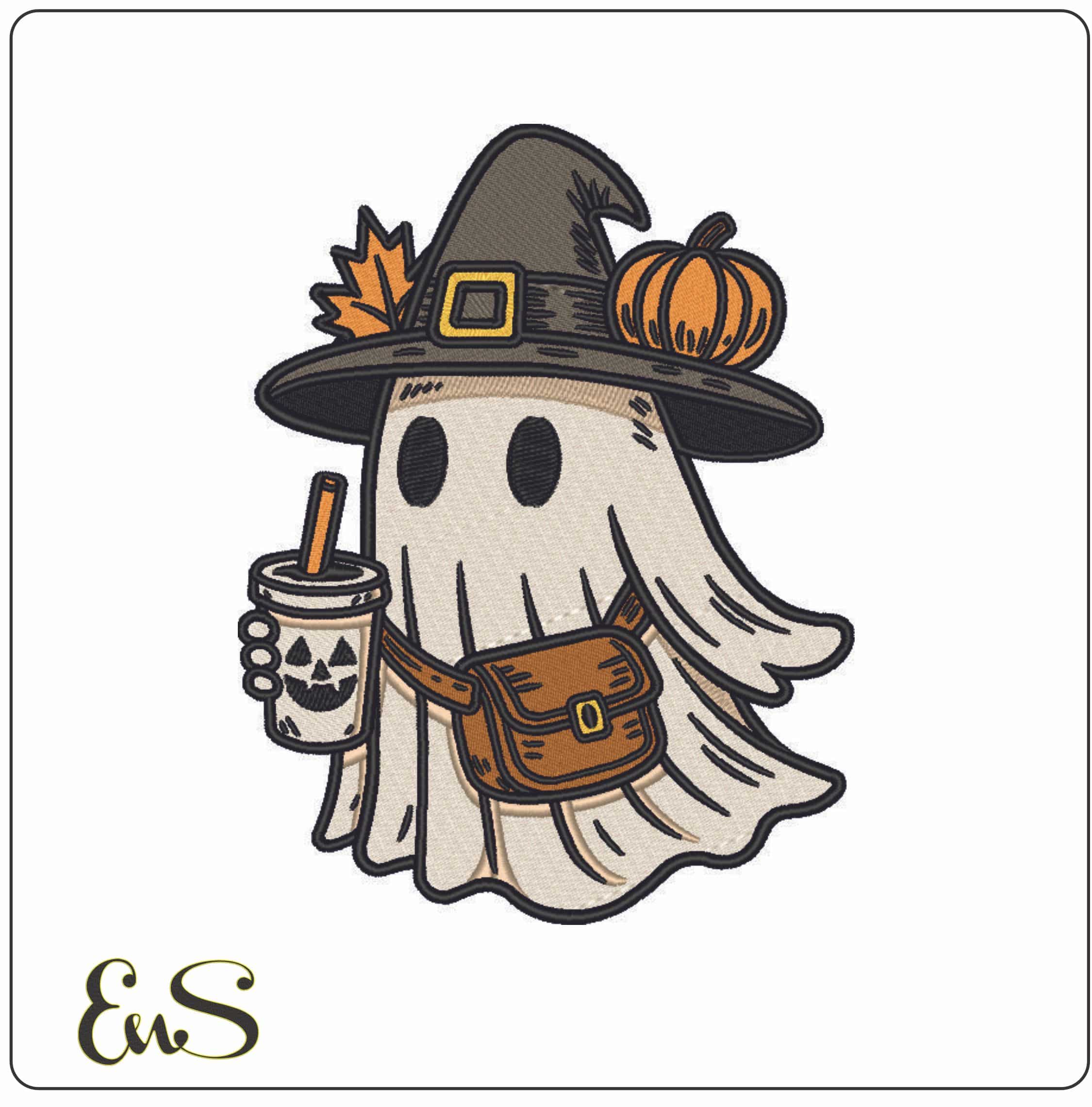Boo Ghost with Halloween Coffee-Elegant embroidery design file - instant download