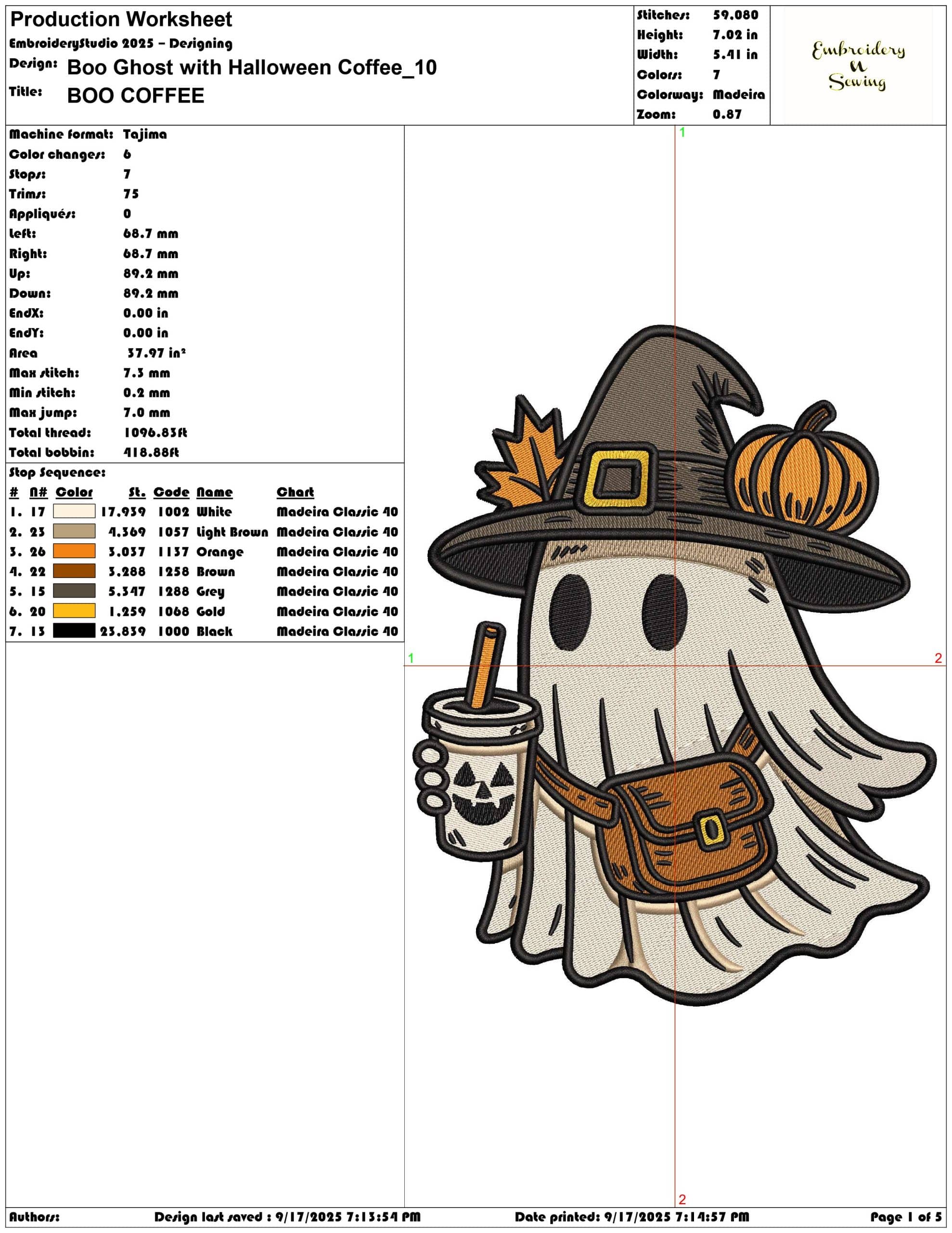 Boo Ghost with Halloween Coffee-Elegant embroidery design file - instant download — view 3