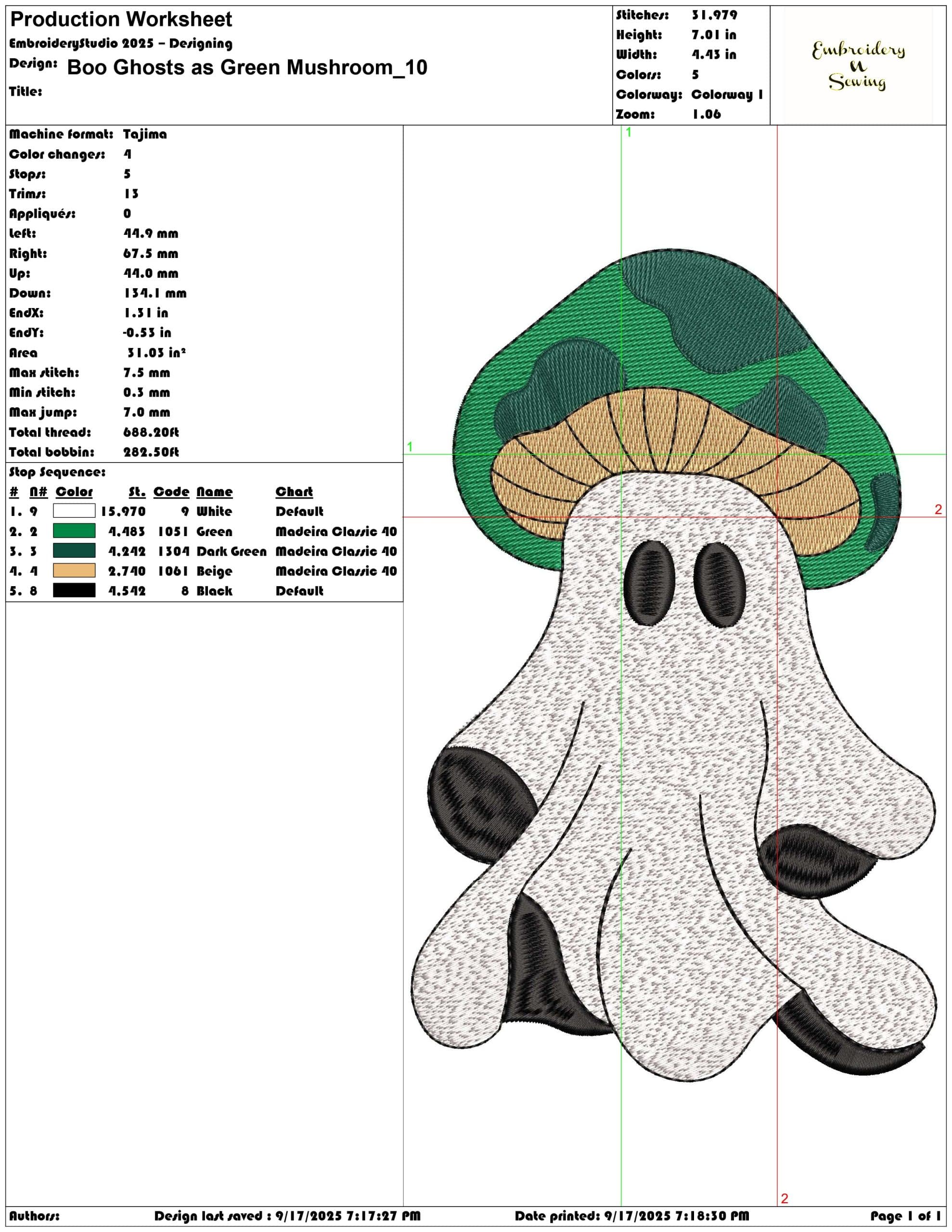 Boo Ghosts as Green Mushroom-Elegant embroidery design file - instant download — view 3