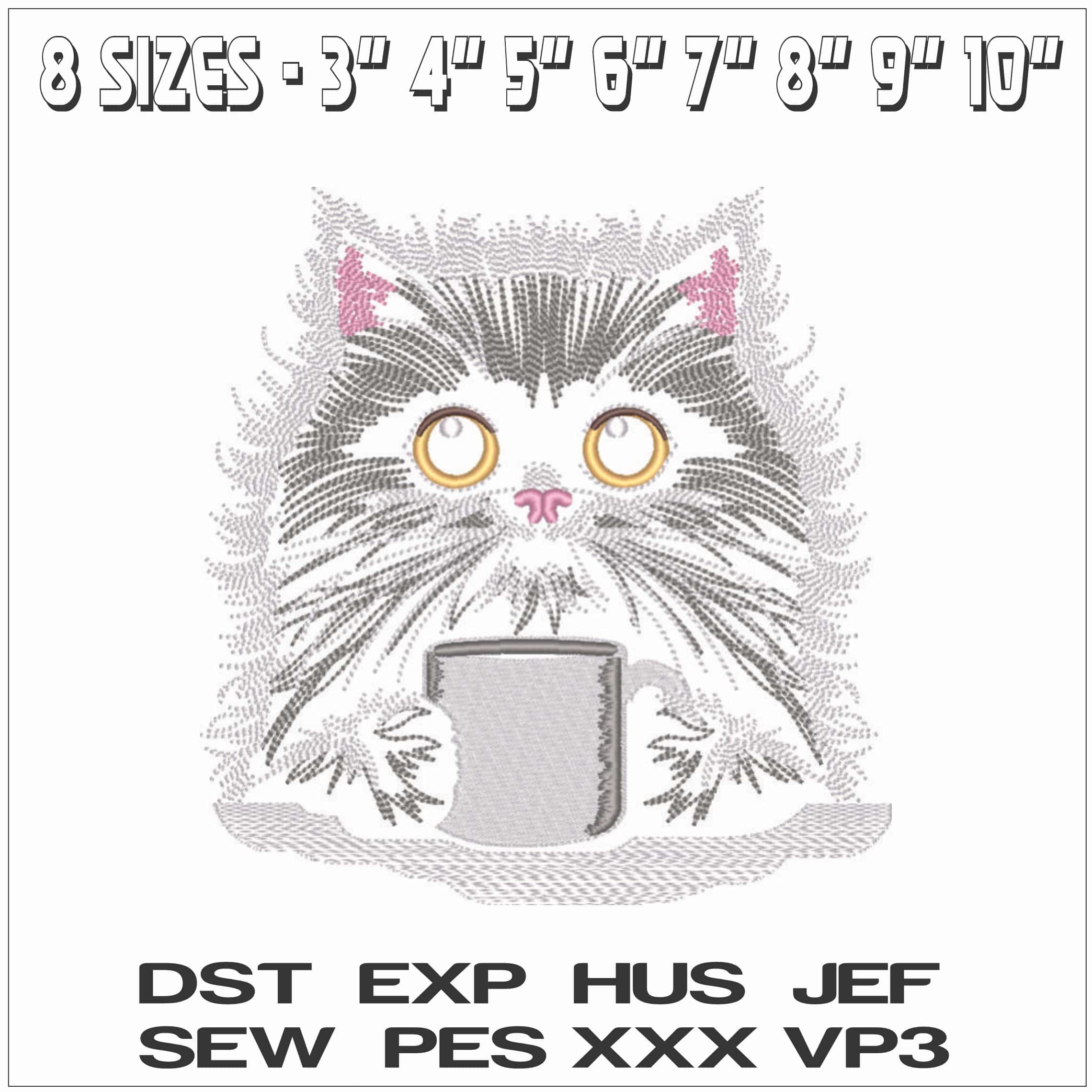 Cat with Cup of Coffee-Elegant embroidery design file - instant download — view 2