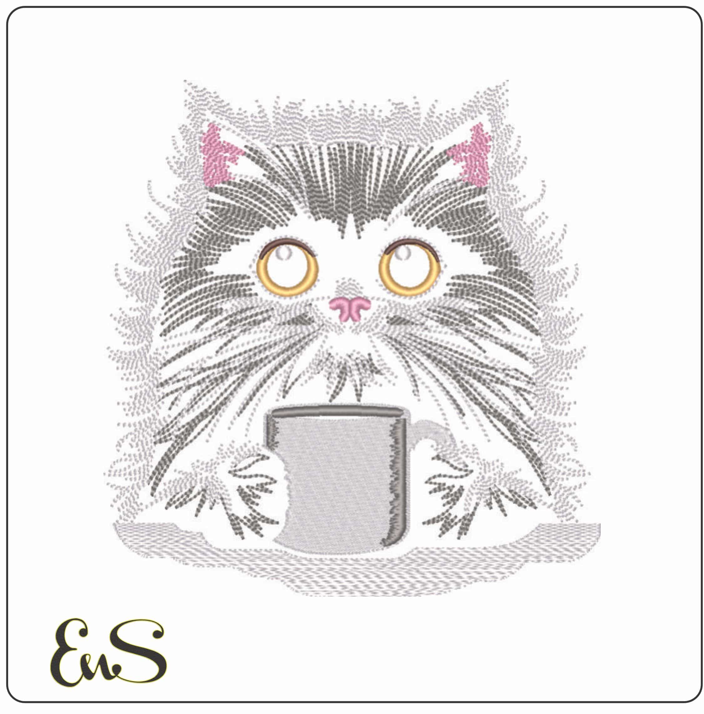 Cat with Cup of Coffee-Elegant embroidery design file - instant download