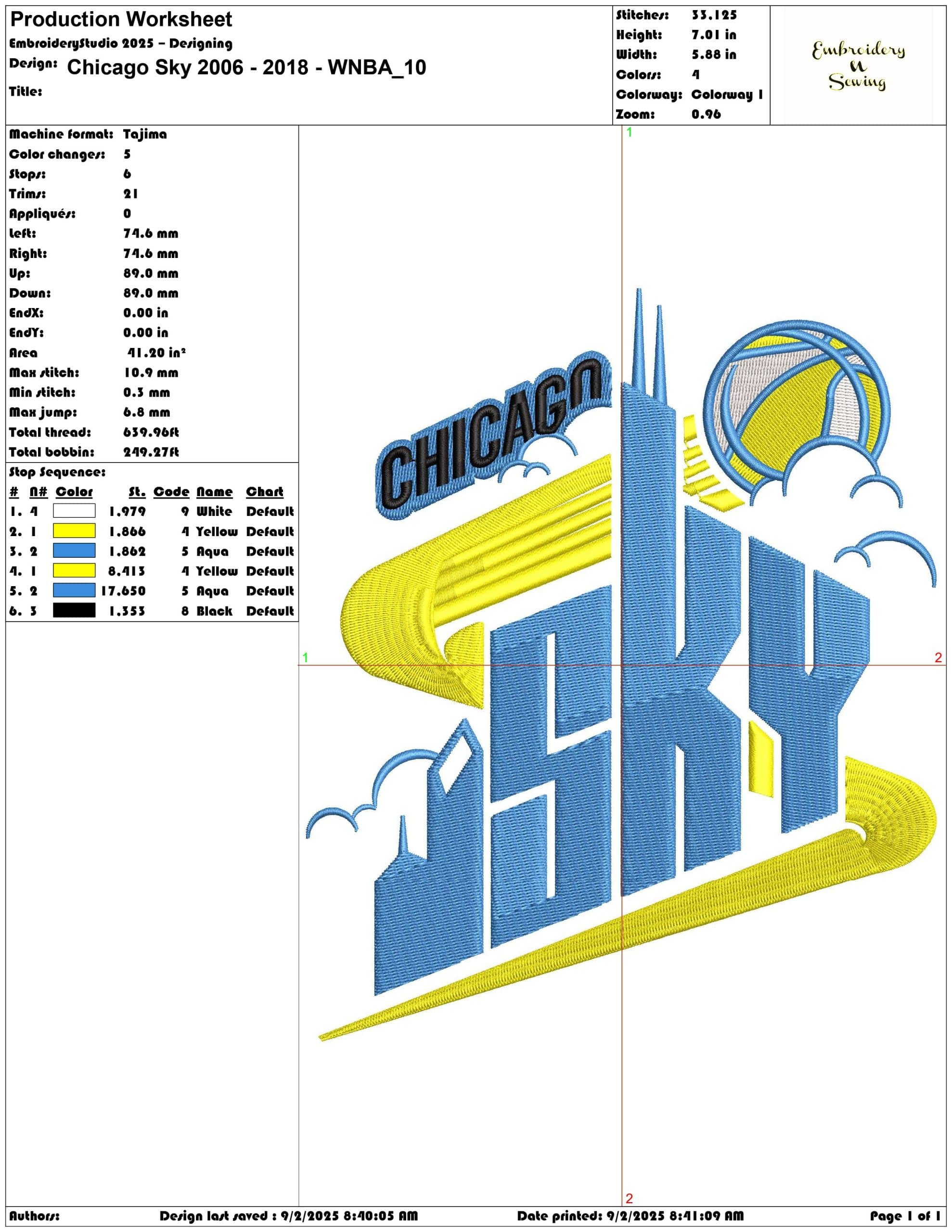 Chicago Sky 2006 - 2018 - WNBA-Elegant embroidery design file - instant download — view 3