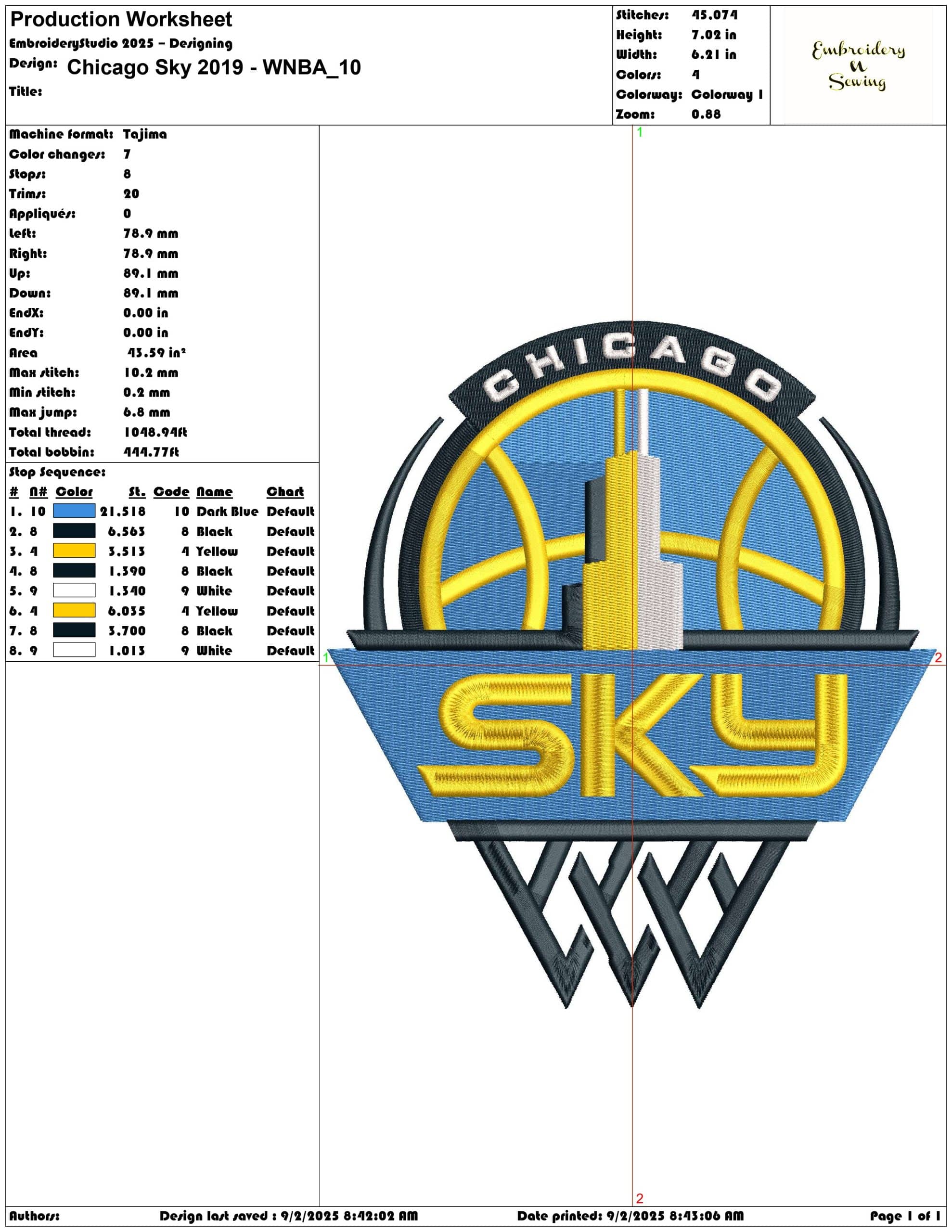 Chicago Sky 2019 - WNBA-Elegant embroidery design file - instant download — view 3