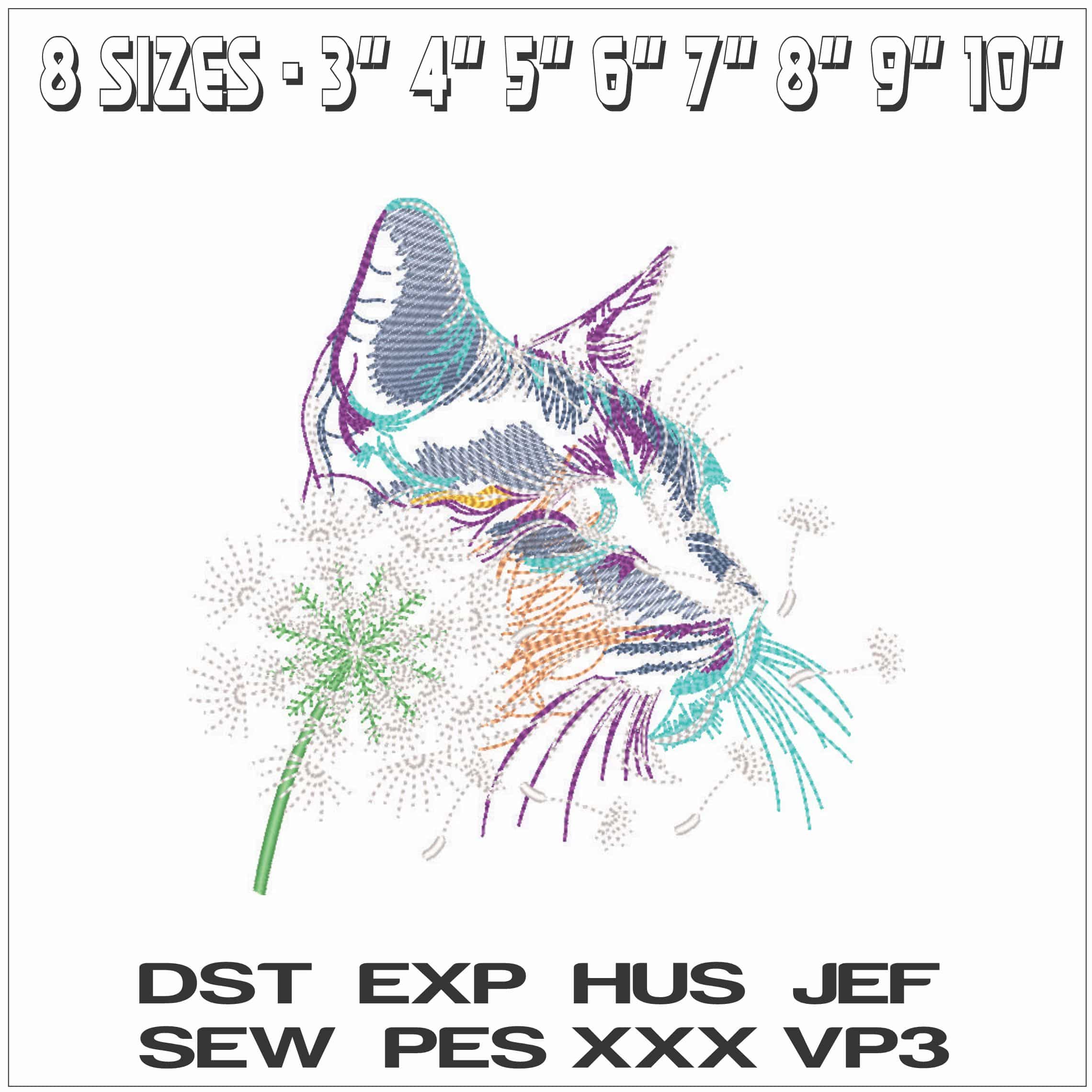 Colorful Cat with Dandelion-Elegant embroidery design file - instant download — view 2