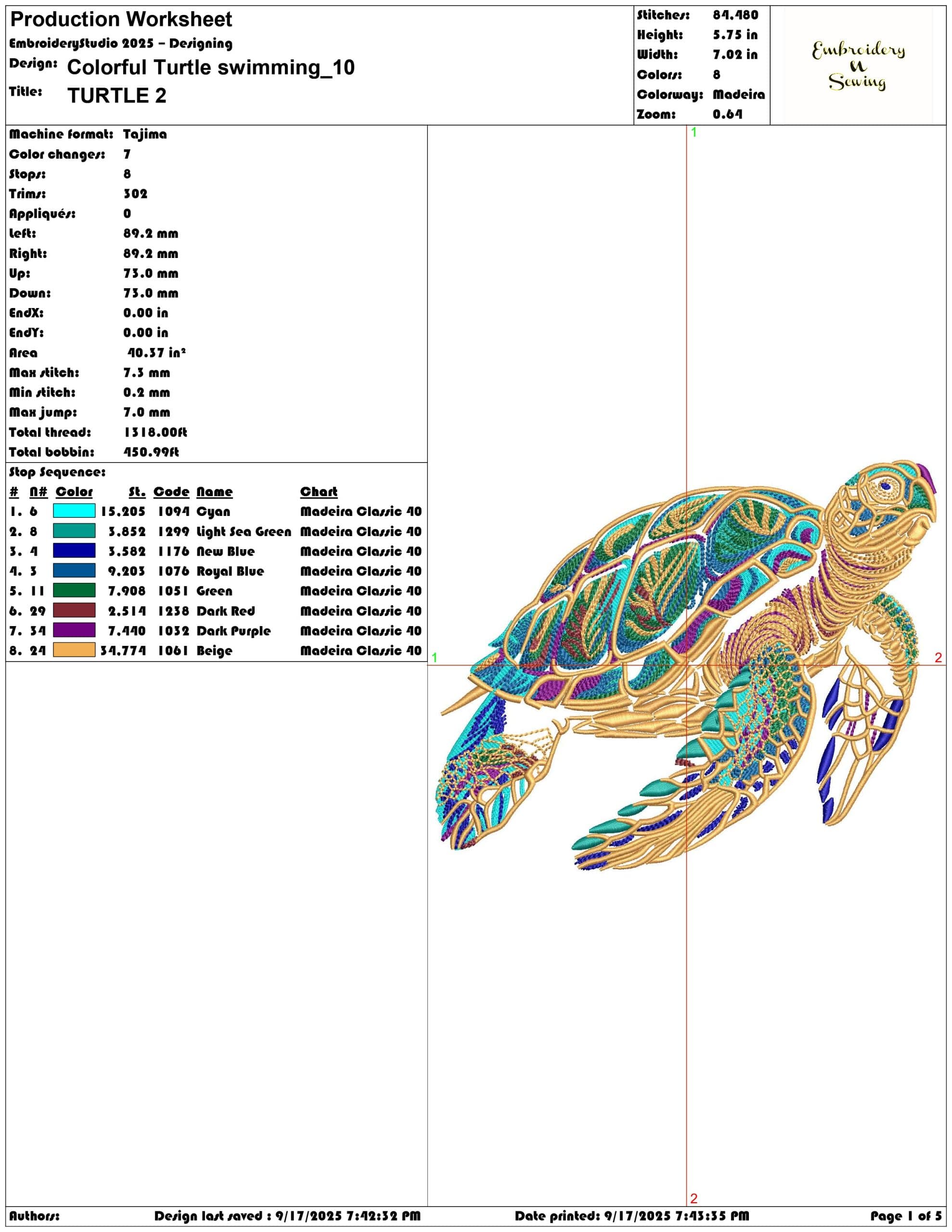 Colorful Turtle swimming-Elegant embroidery design file - instant download — view 3