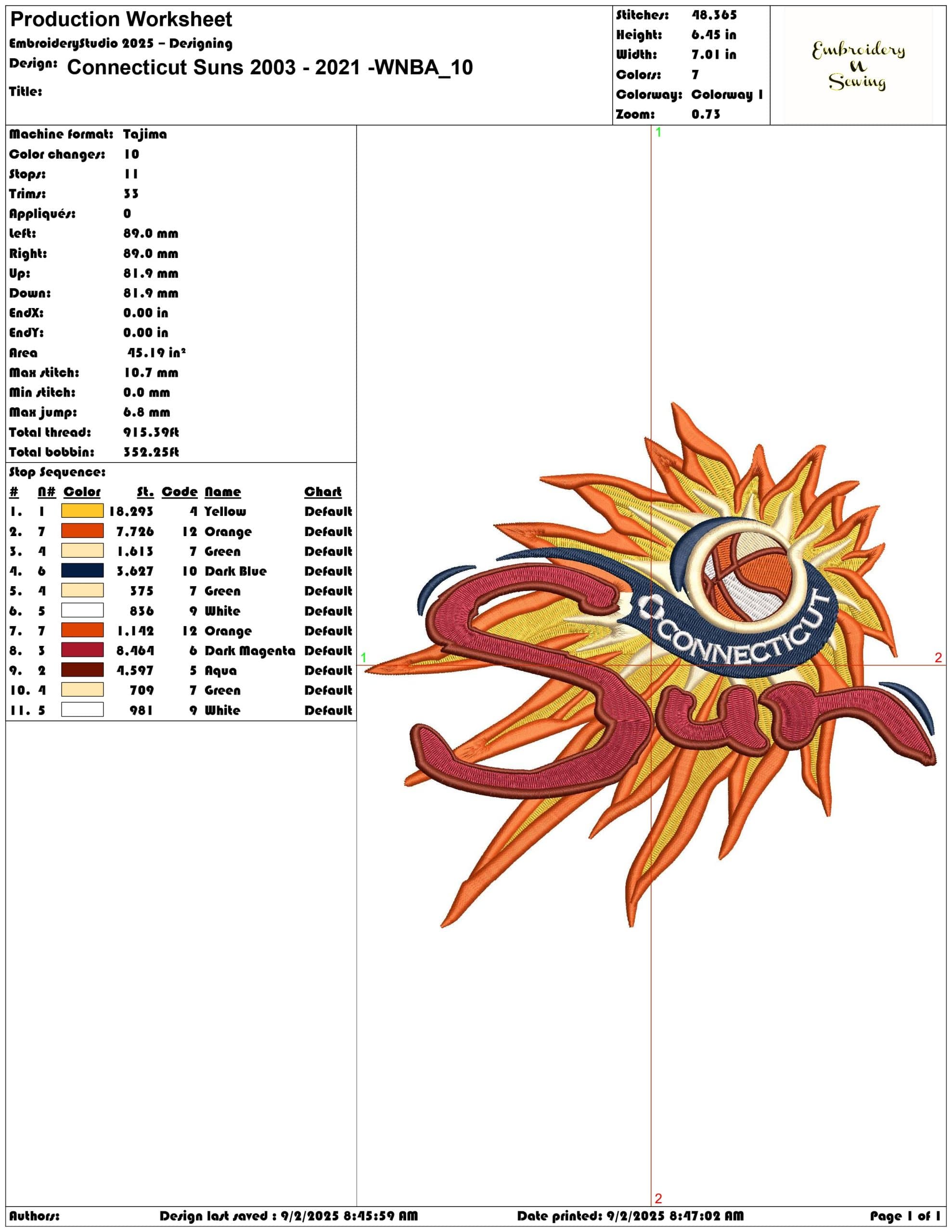 Connecticut Suns 2003 - 2021 -WNBA-Elegant embroidery design file - instant download — view 3