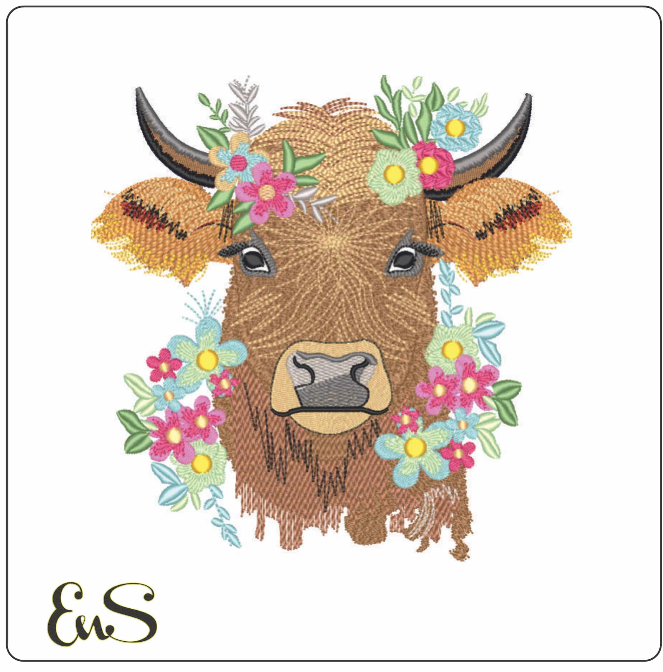 Cow Face with Flowers-Elegant embroidery design file - instant download