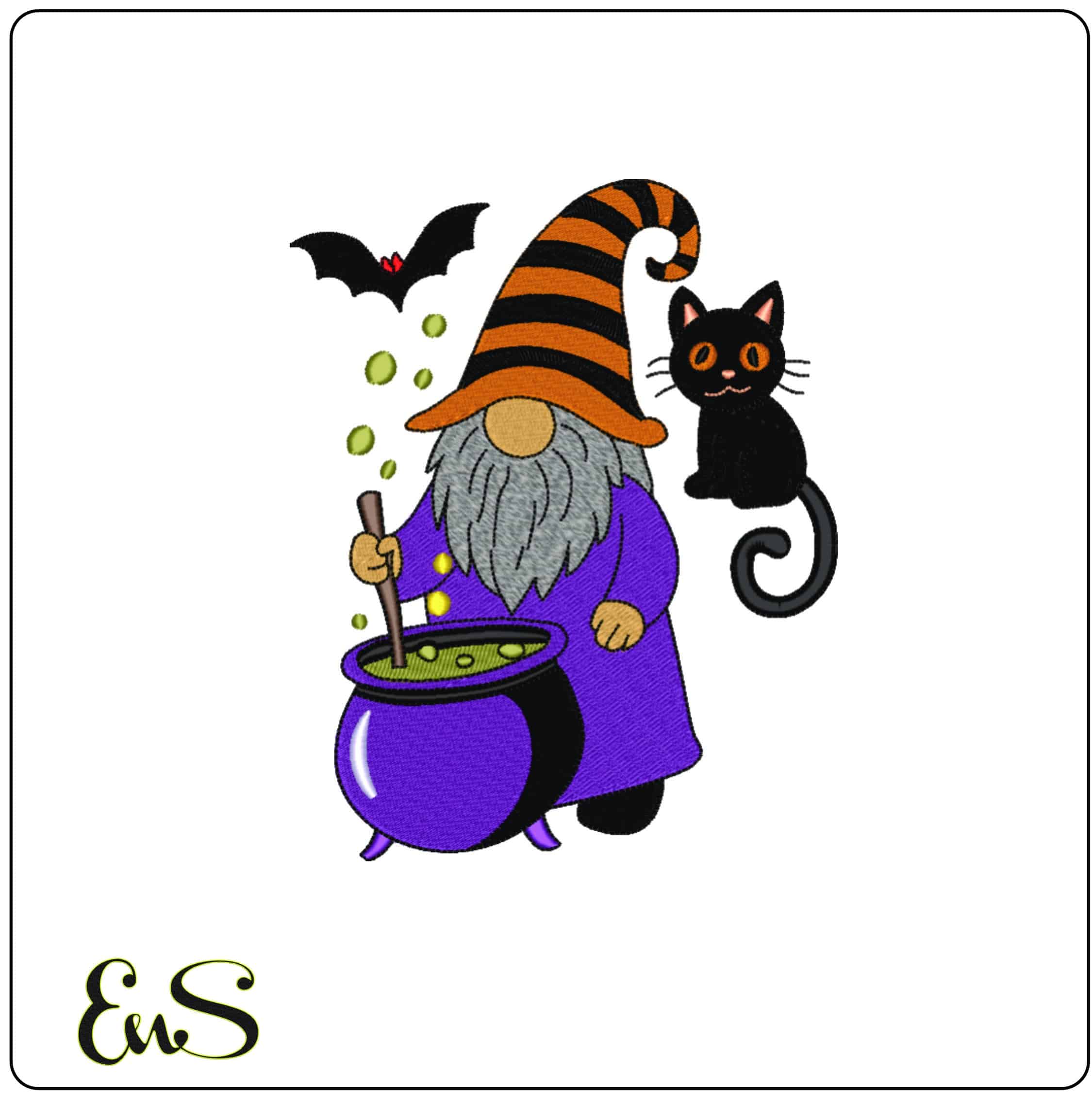 Gnome Wizard with Cauldron - Elegant embroidery design file - instant download