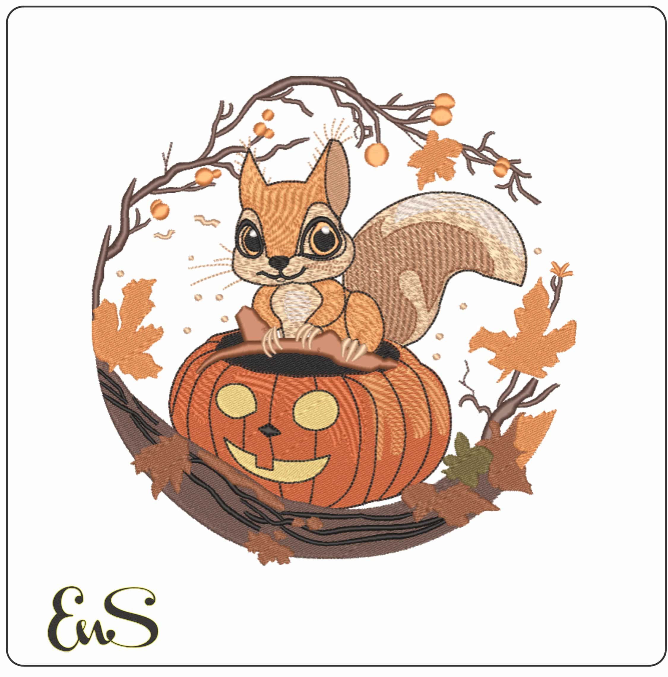 Halloween Squirel in Pumpkin - Elegant embroidery design file - instant download