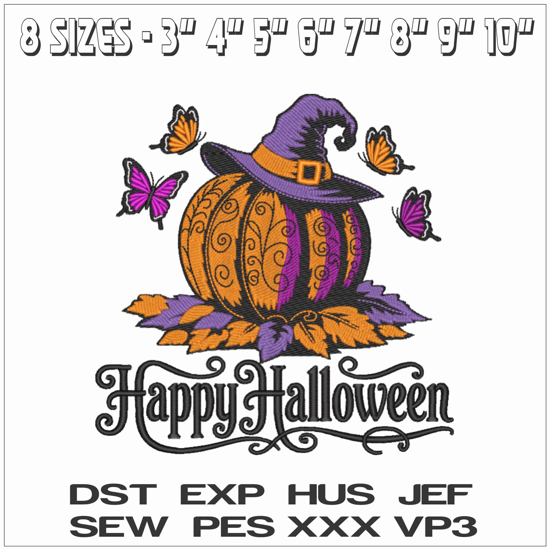 Happy Halloween Pumpkin Witches Hat - Elegant embroidery design file - instant download — view 3