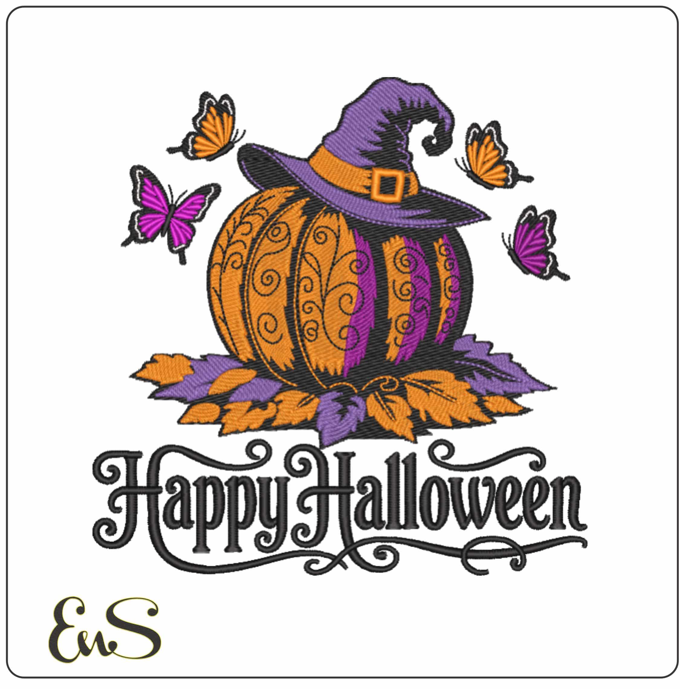Happy Halloween Pumpkin Witches Hat - Elegant embroidery design file - instant download