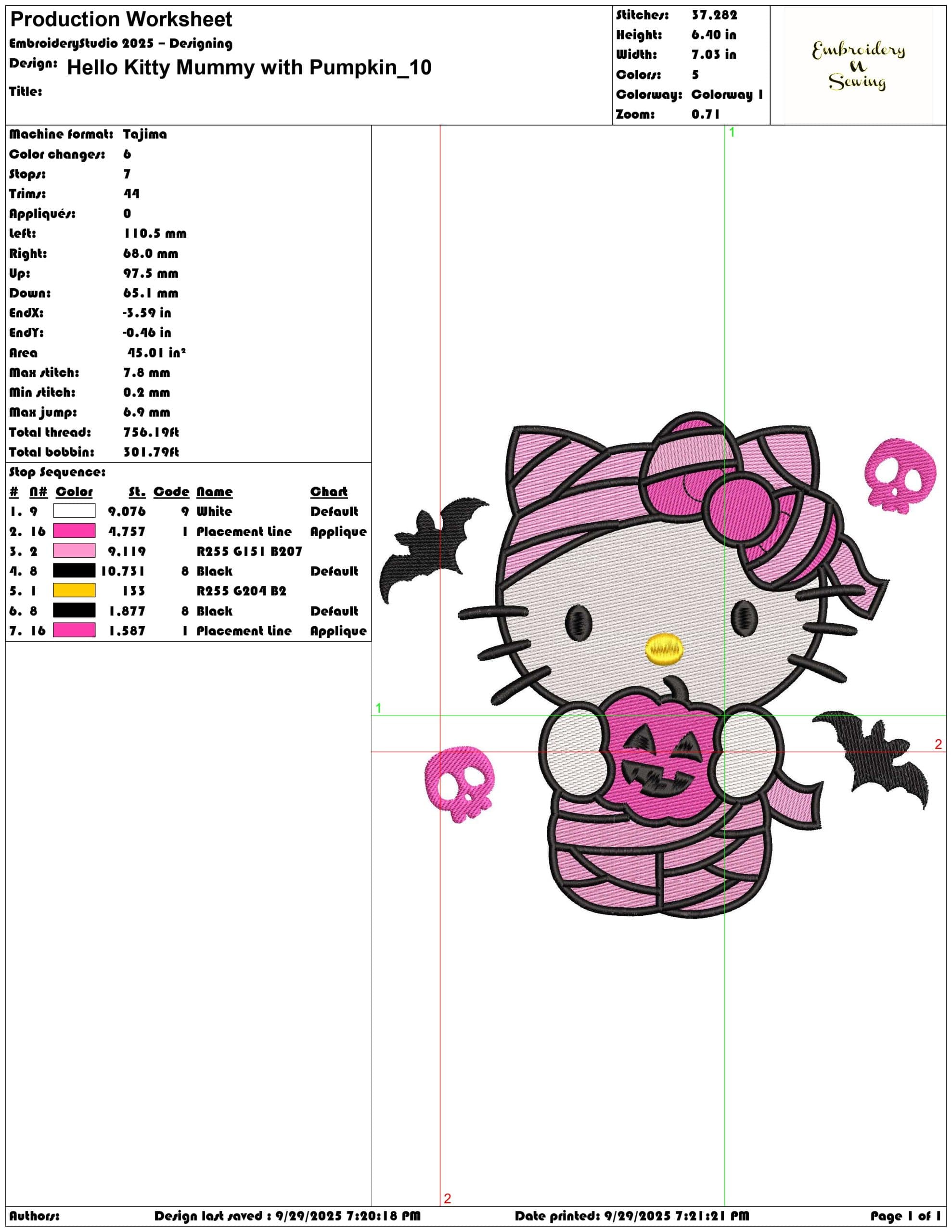 Hello Kitty Mummy with Pumpkin - Elegant embroidery design file - instant download — view 2