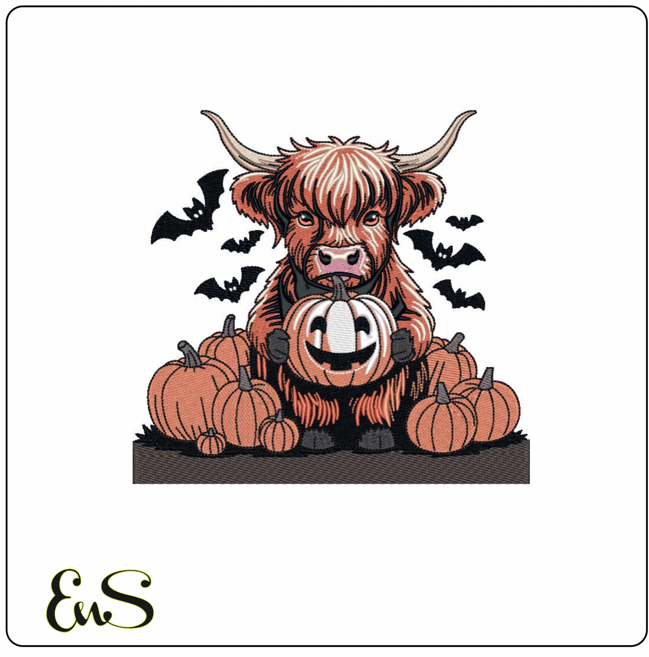 Highland Cow in Pumpkin Patch - Elegant embroidery design file - instant download