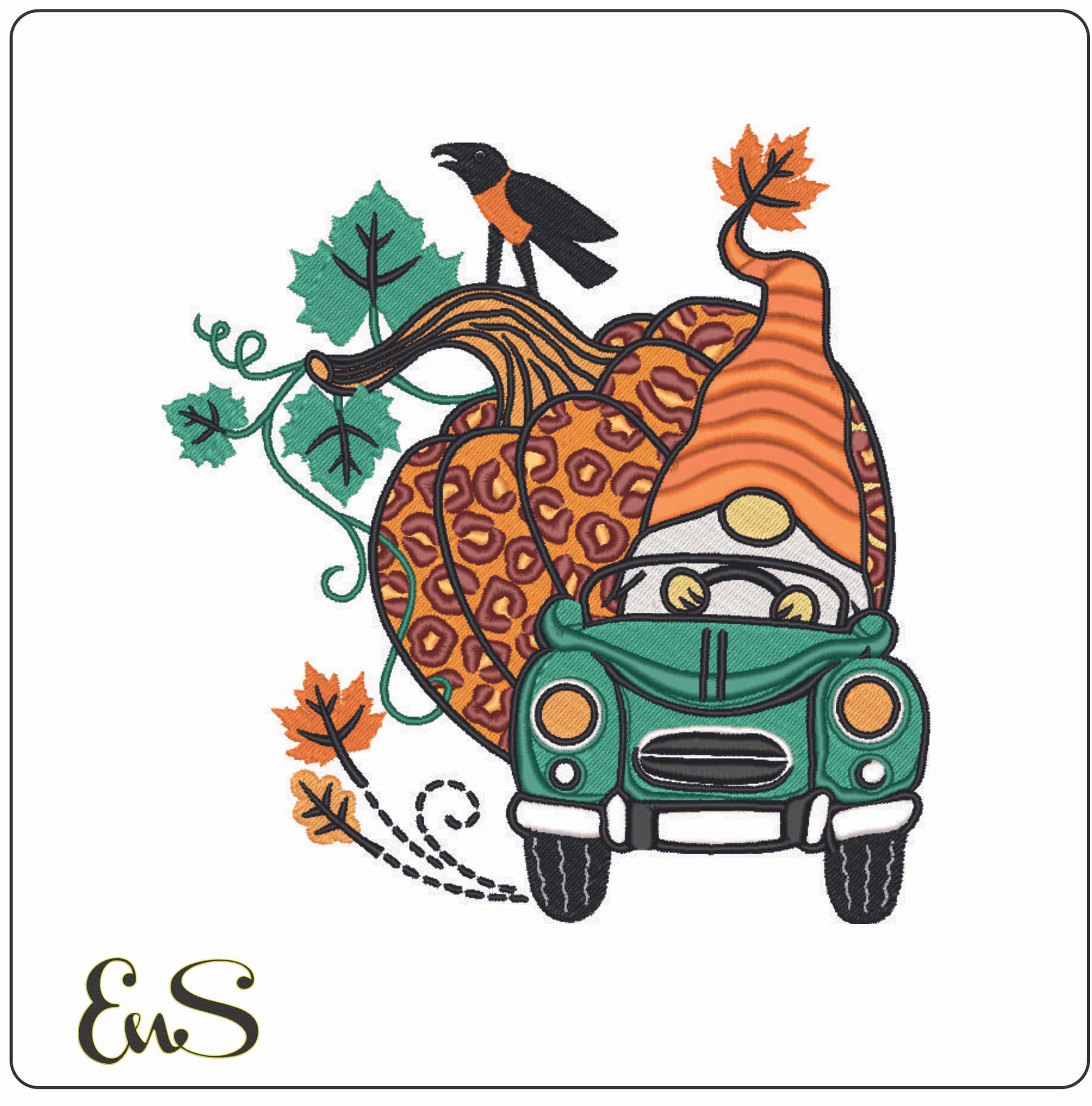 Gnome in Truck with Pumpkin - Elegant embroidery design file - instant download