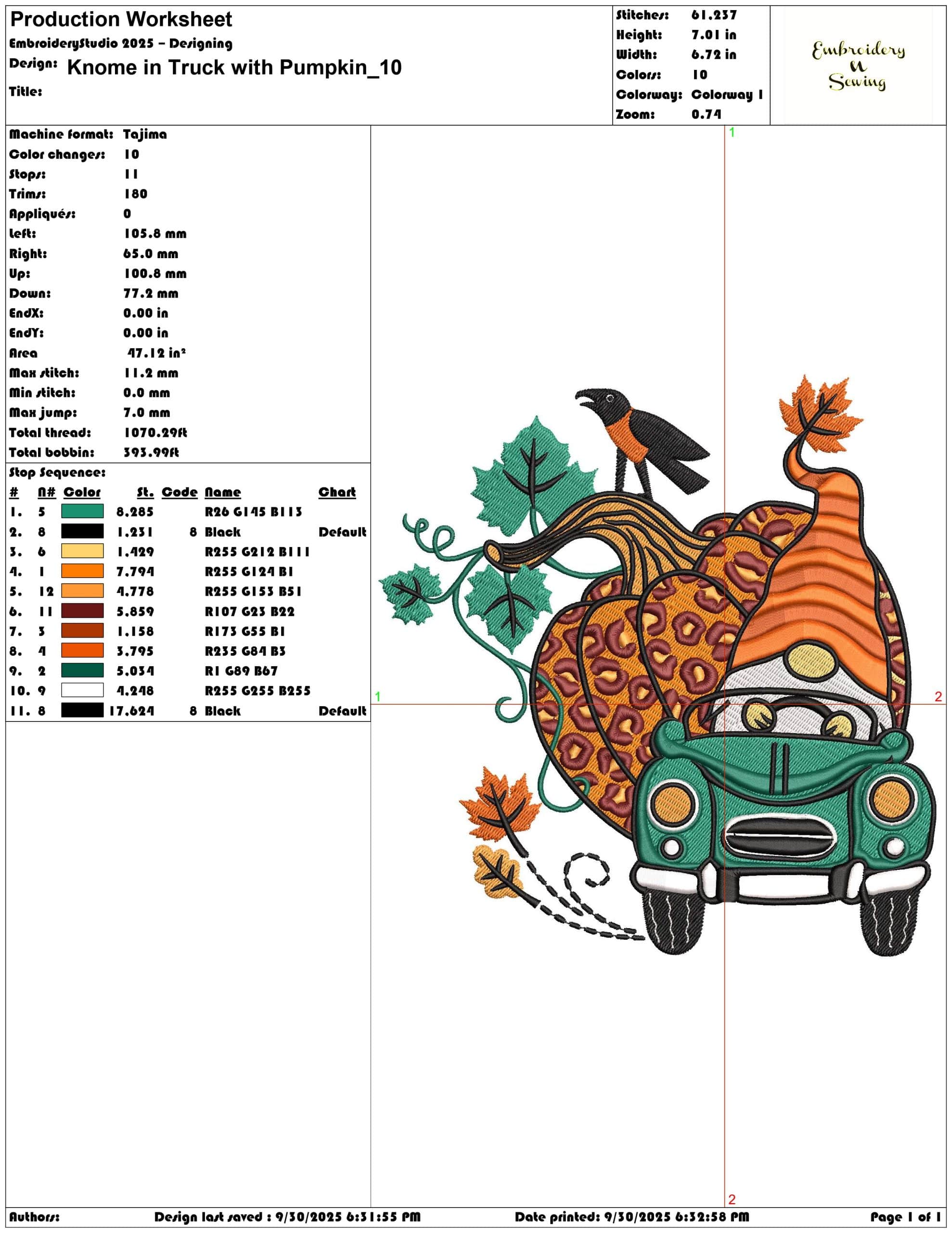 Gnome in Truck with Pumpkin - Elegant embroidery design file - instant download — view 3
