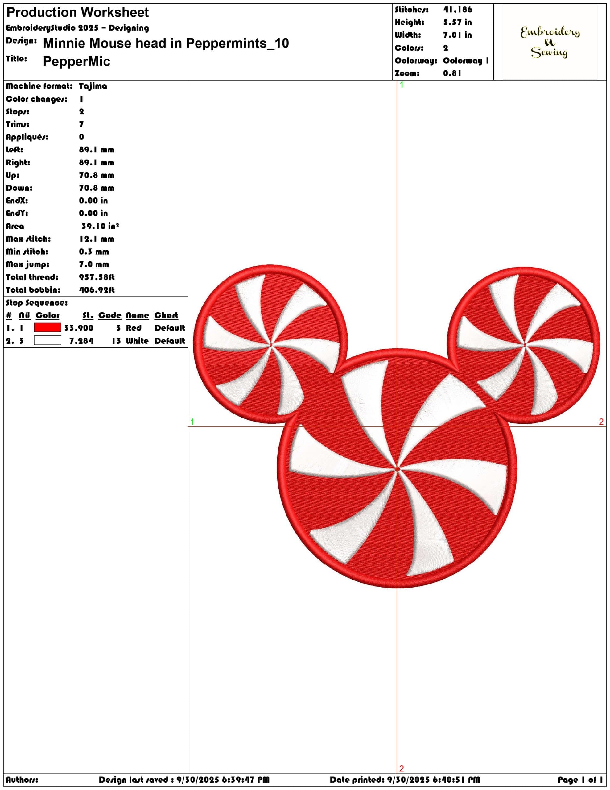 Minnie Mouse head in Peppermints - Elegant embroidery design file - instant download — view 3