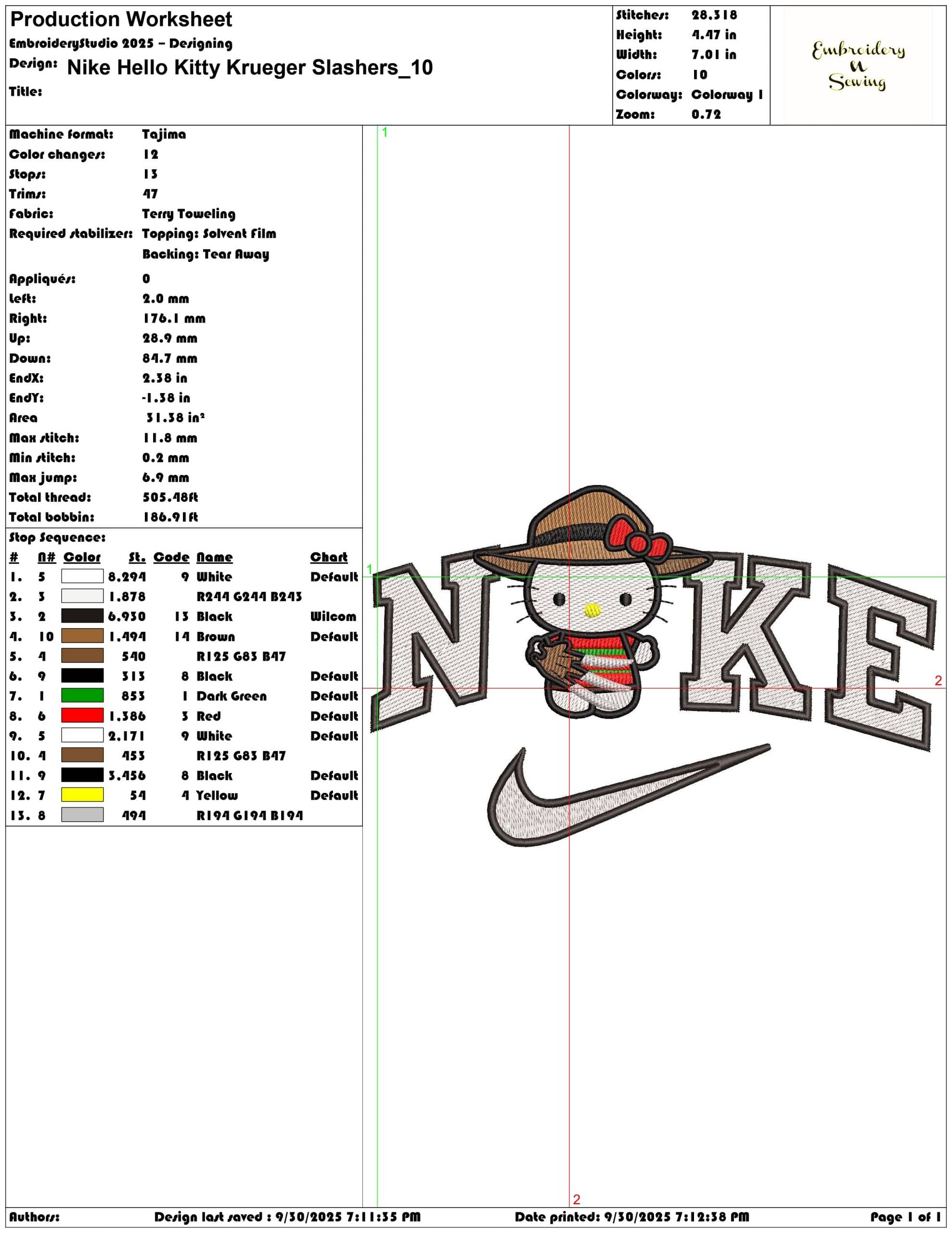 Nike Hello Kitty Krueger Slashers - Elegant embroidery design file - instant download — view 3