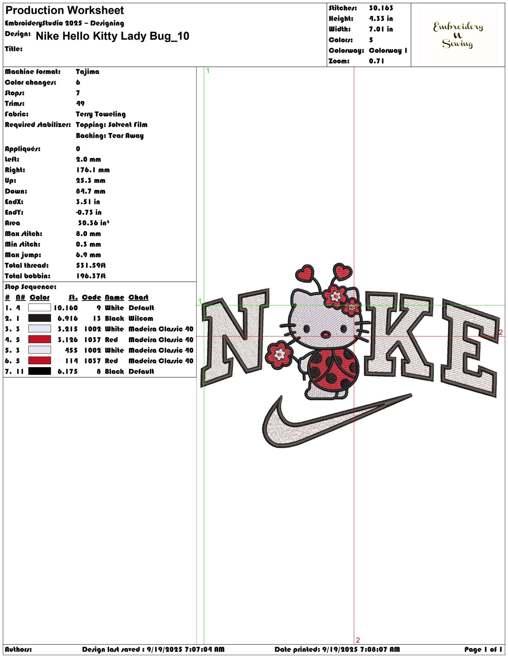 Nike Hello Kitty Lady Bug - Elegant embroidery design file - instant download — view 3