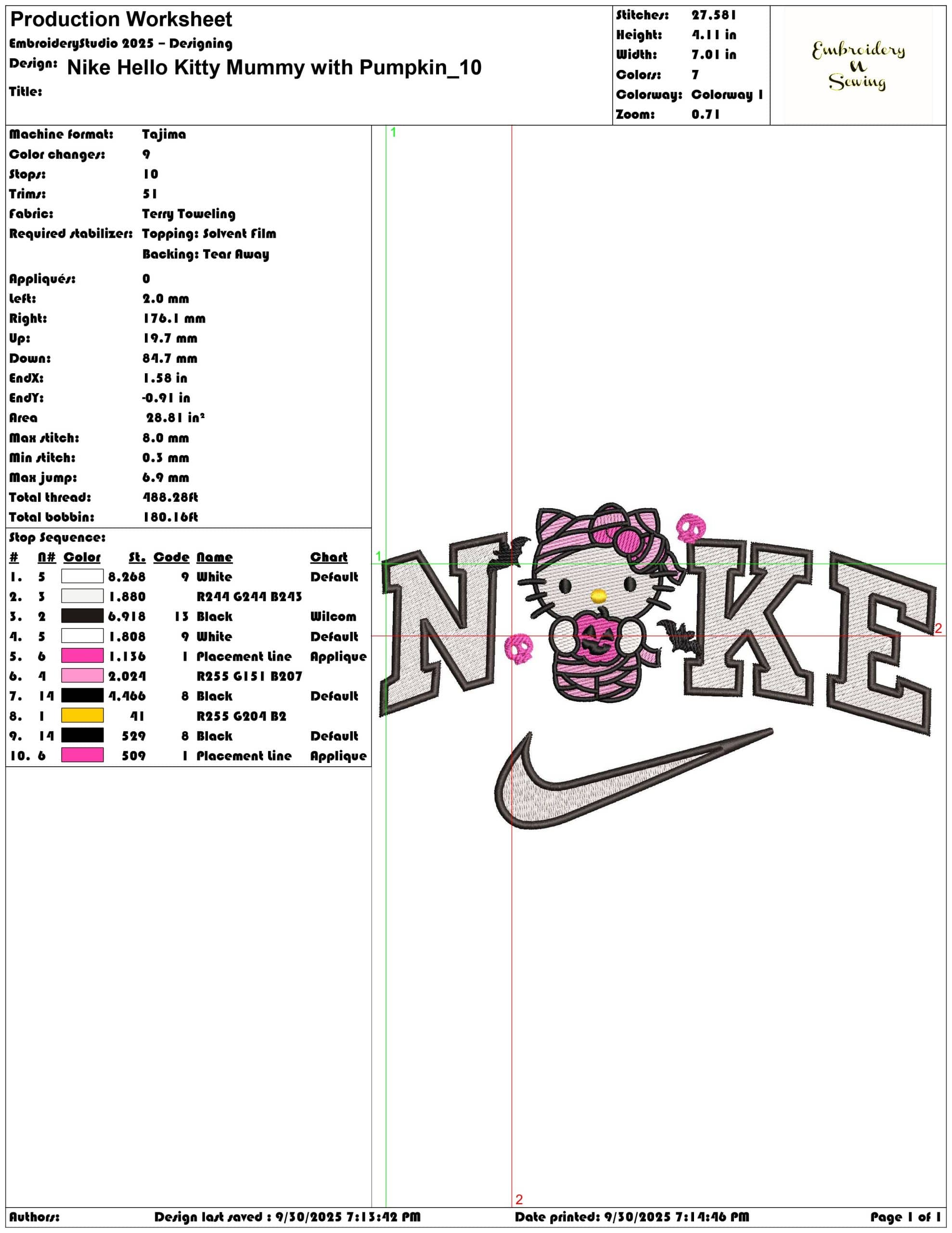Nike Hello Kitty Mummy with Pumpkin - Elegant embroidery design file - instant download — view 3