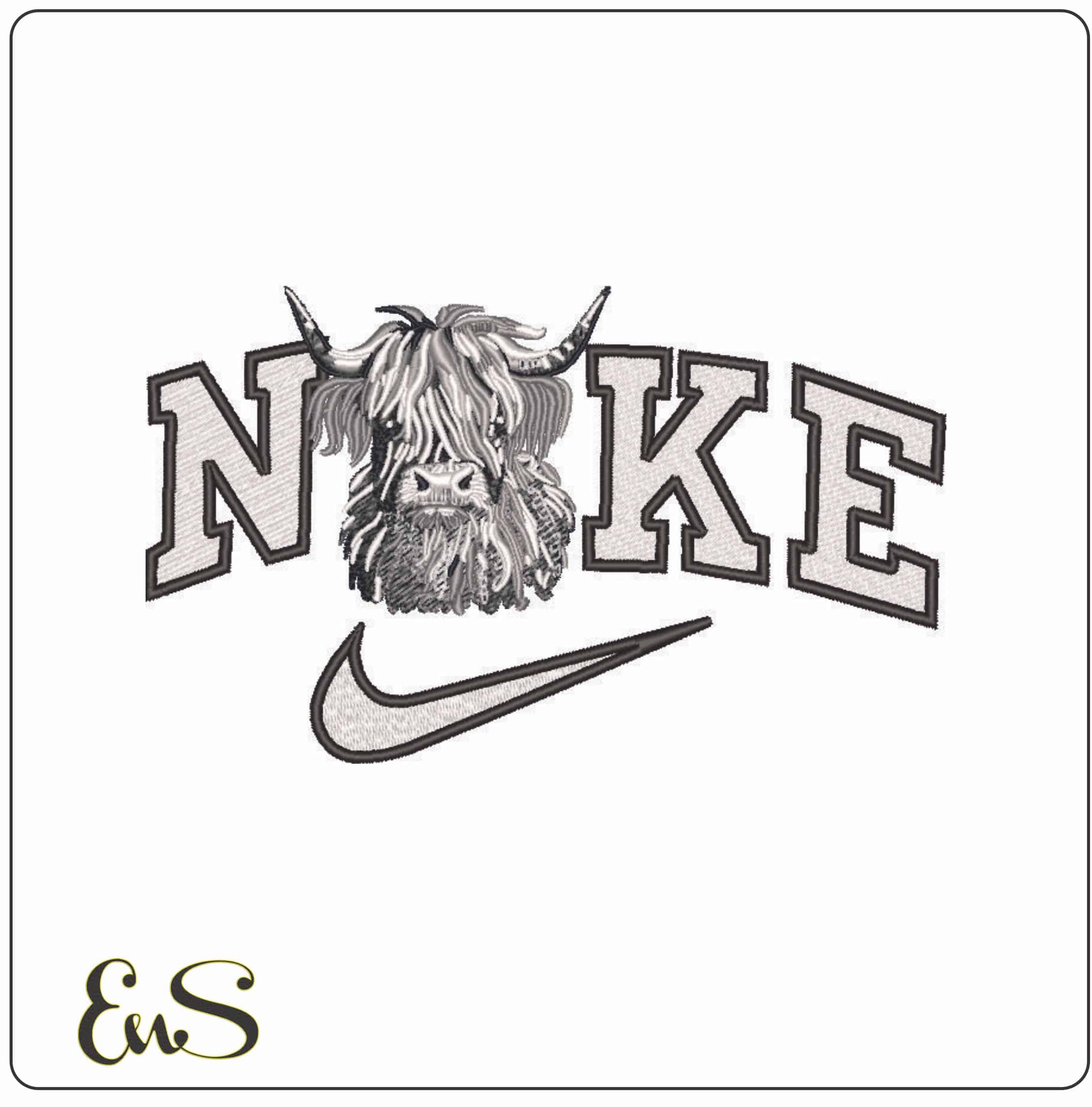 Nike Highland Cow Grey Scale - Elegant embroidery design file - instant download